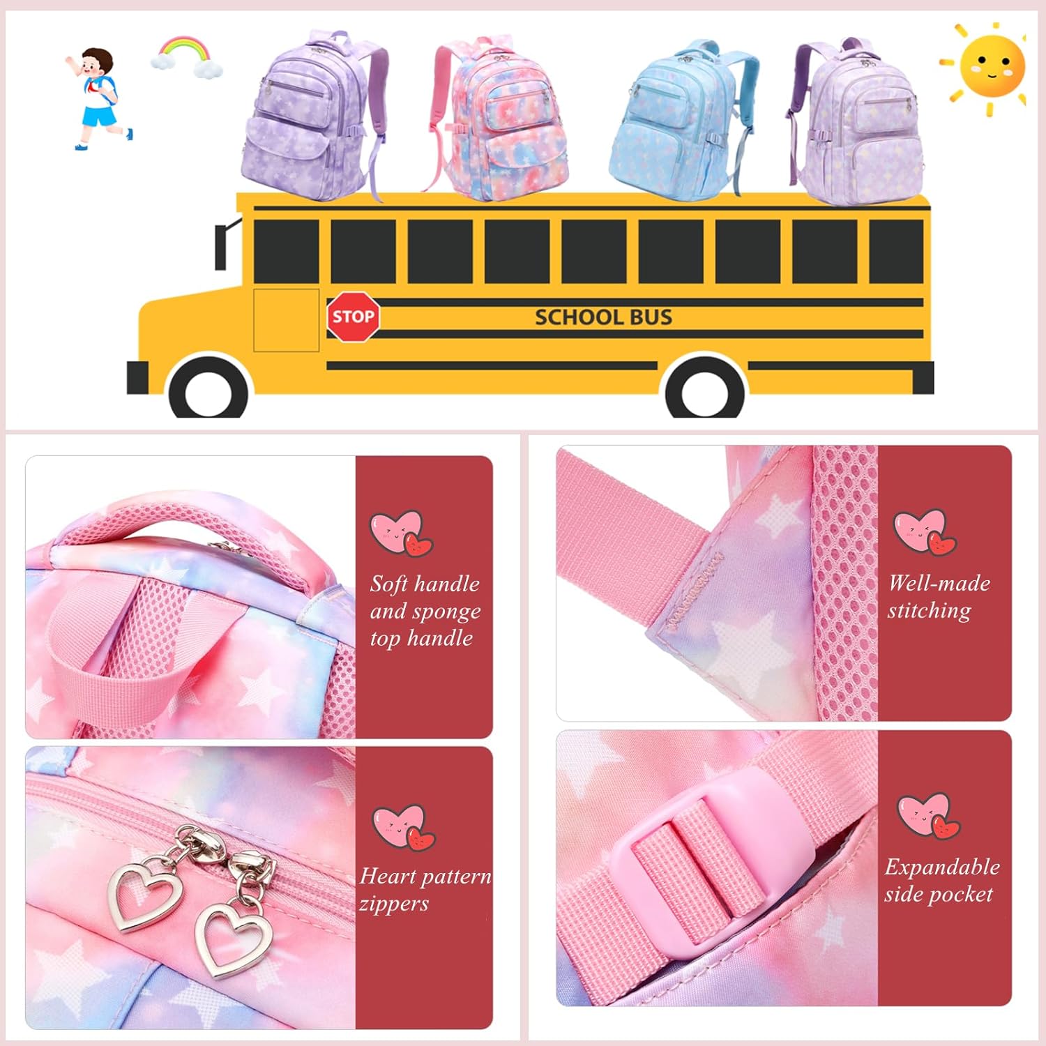 3Pcs Kids Backpack Set for Girls with Matching Lunch Bag, Girls School Bag Backpack for Kids - Image 6