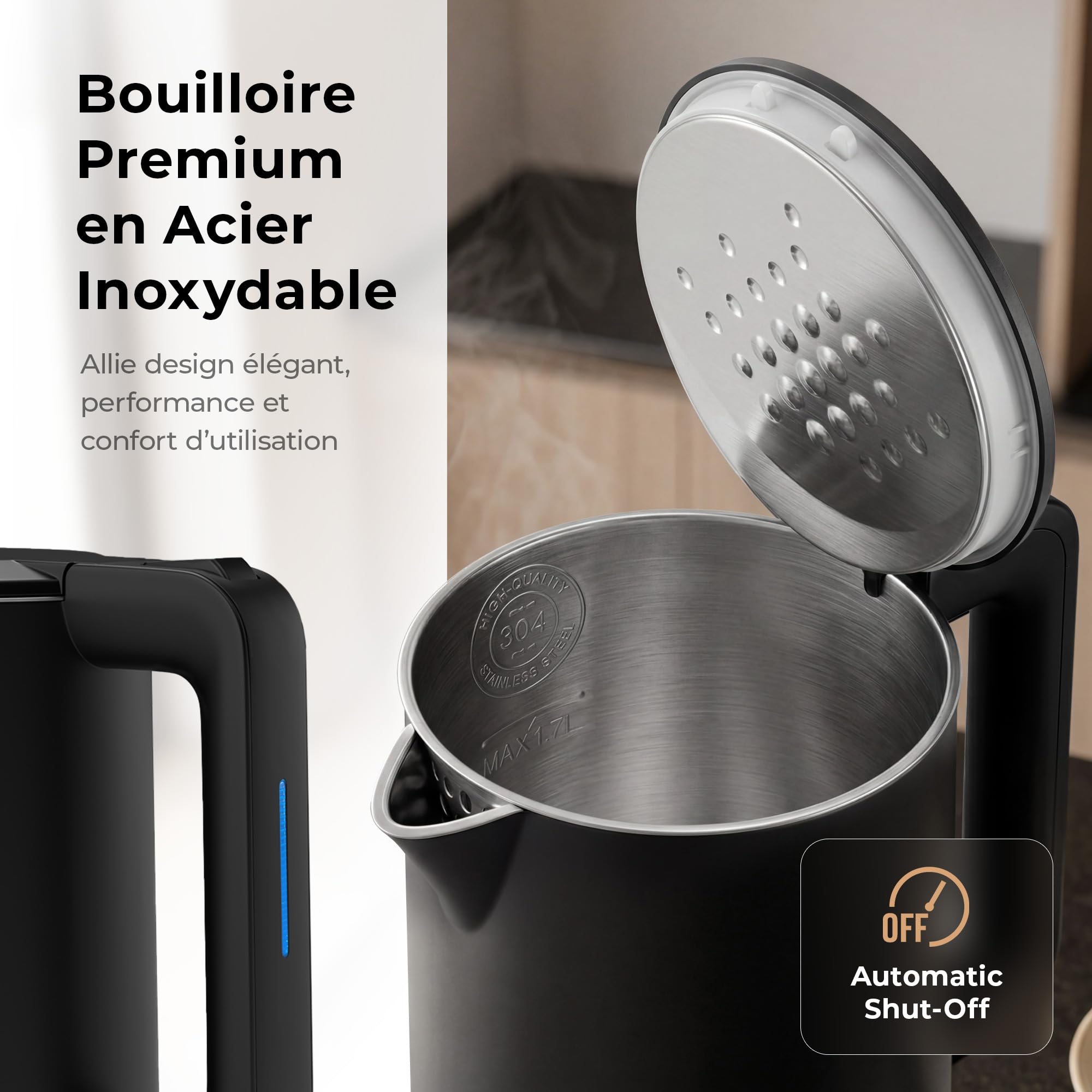 Balter Bouilloire électrique, Bouilloire inox, 1,7 l, design à double paroi, kettle, sans BPA, LED, silencieuse, noire