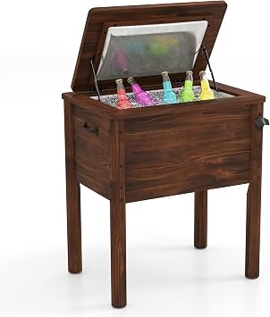 Tangkula Wooden Patio Cooler, Outdoor Ice Chest Beverage Bar