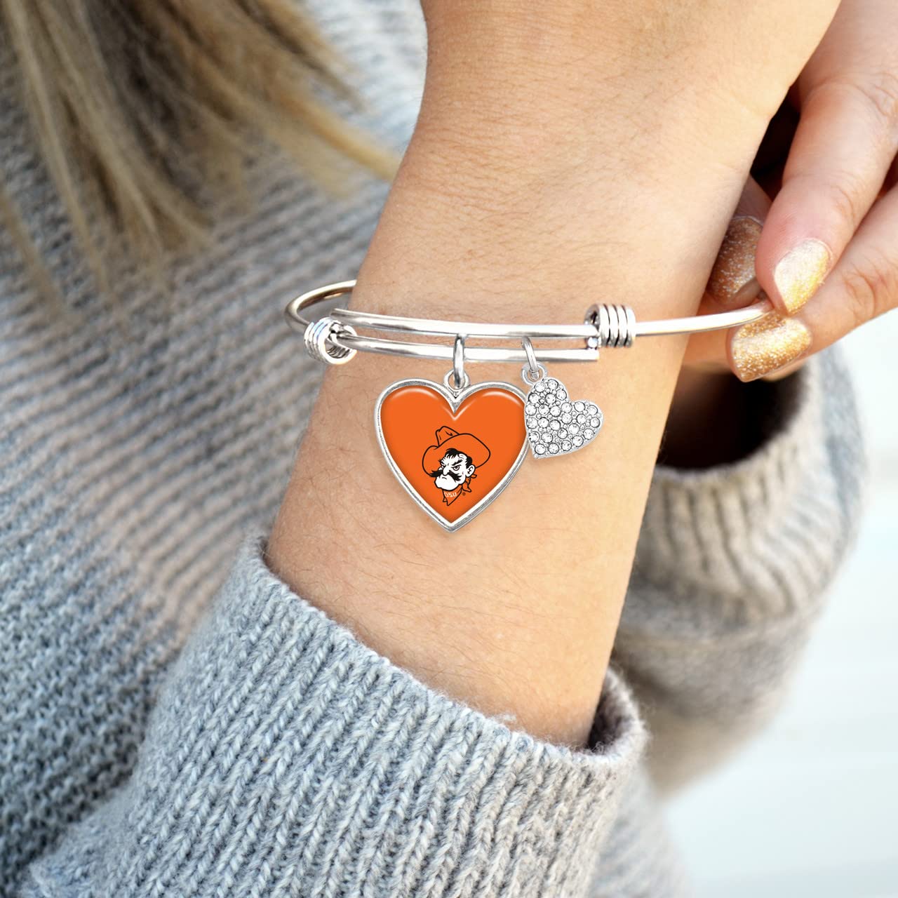 Oklahoma State Amara Crystal Heart Silver Bangle Bracelet Jewelry Gift OSU