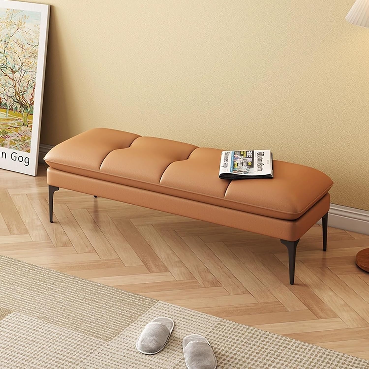 Banc à chaussures rembourré Mingyu en orange de 100cm au design moderne épuré
