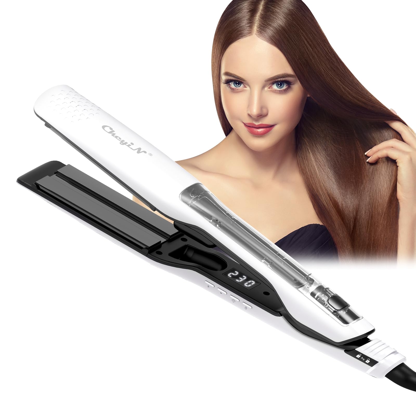 CkeyiN Plancha de pelo con vapor profesional,2 en 1 Plancha de Vapor y Rizador Pelo,efecto liso anti-encrespado, revestimiento en cerámica, temperatura regulable, calentamiento rápido