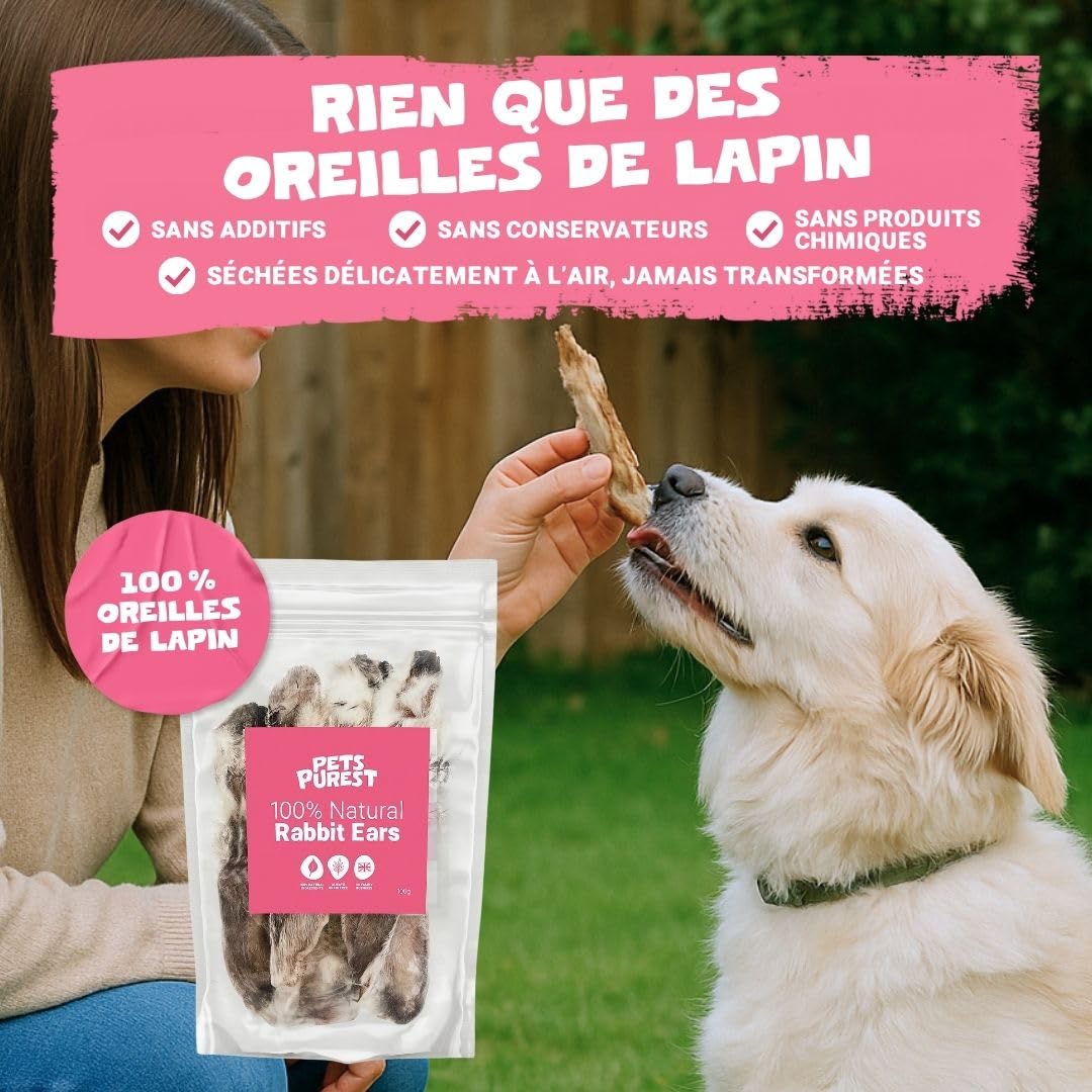Pets Purest Oreilles de Lapin avec Fourrure pour Chiens, Chiots & Seniors - Friandise à Mâcher 100% Naturelles, Séchées à l'Air, pour Les Aliments Crus et Les Régimes Hypoallergéniques sans Céréales.