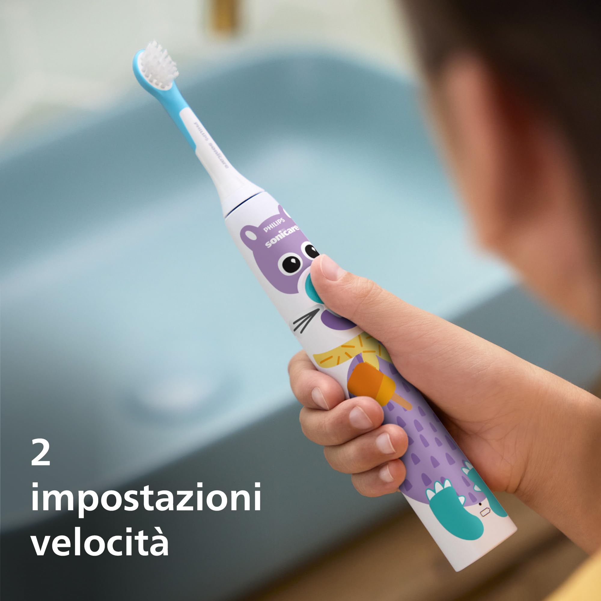 Spazzolino elettrico Philips Sonicare for Kids - Spazzolino elettrico in edizione speciale Design a Pet con adesivi a tema per bambini, custodia da viaggio sottile e caricatore USB modello HX3603/01
