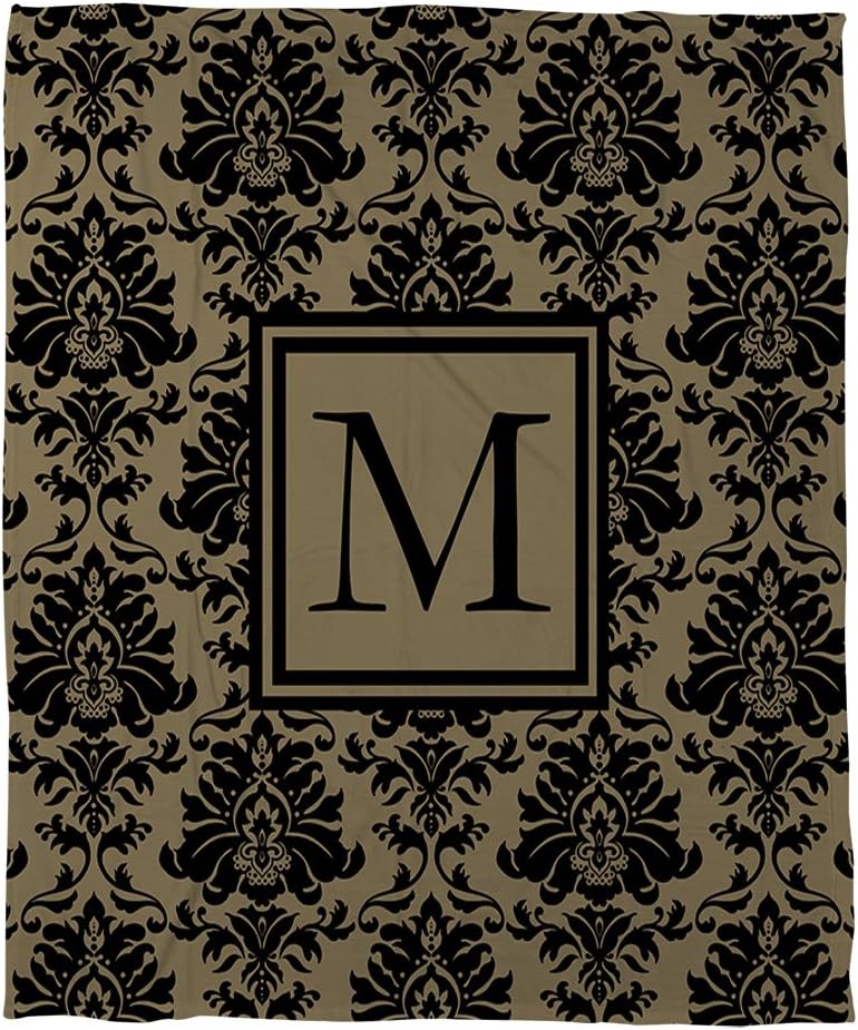 Manual Woodworkers & Weavers Coral Fleece Throw, 30 by 40-Inch, Monogrammed Letter M, Black and Gold Damask