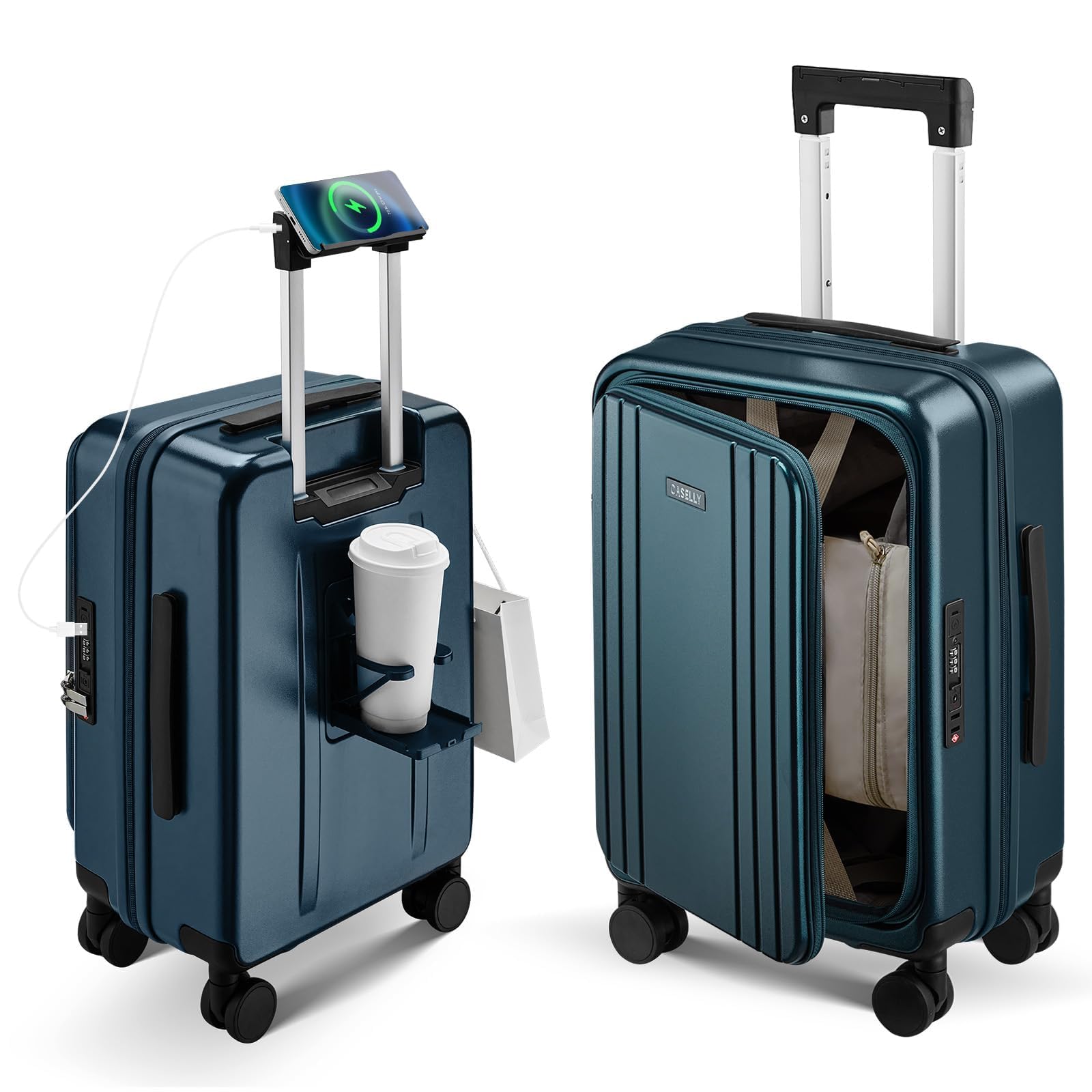 Carry On Luggage Top Opening with Cup Holder &amp; Phone Holder, Expandable PC Hard Shell Suitcase, USB Charging Port, Side Hook, 360° Spinner Wheels, TSA Lock &amp; YKK Zippers for Fathers Day Gift