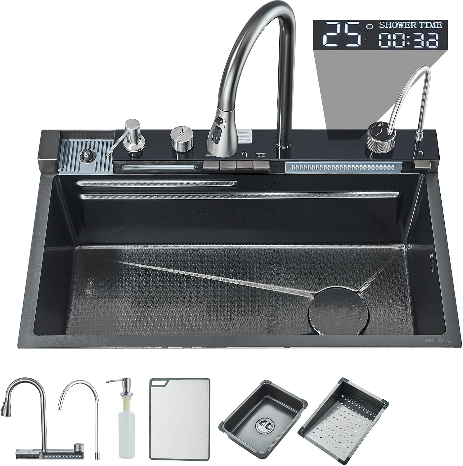Noir Évier de Cuisine en Acier Inoxydable 304 avec Robinet Extractible Grand Évier Simple Affichage Numérique Intégré Lave-tasses Distributeur de Savon Robinetterie (75 * 45 * 21 cm)