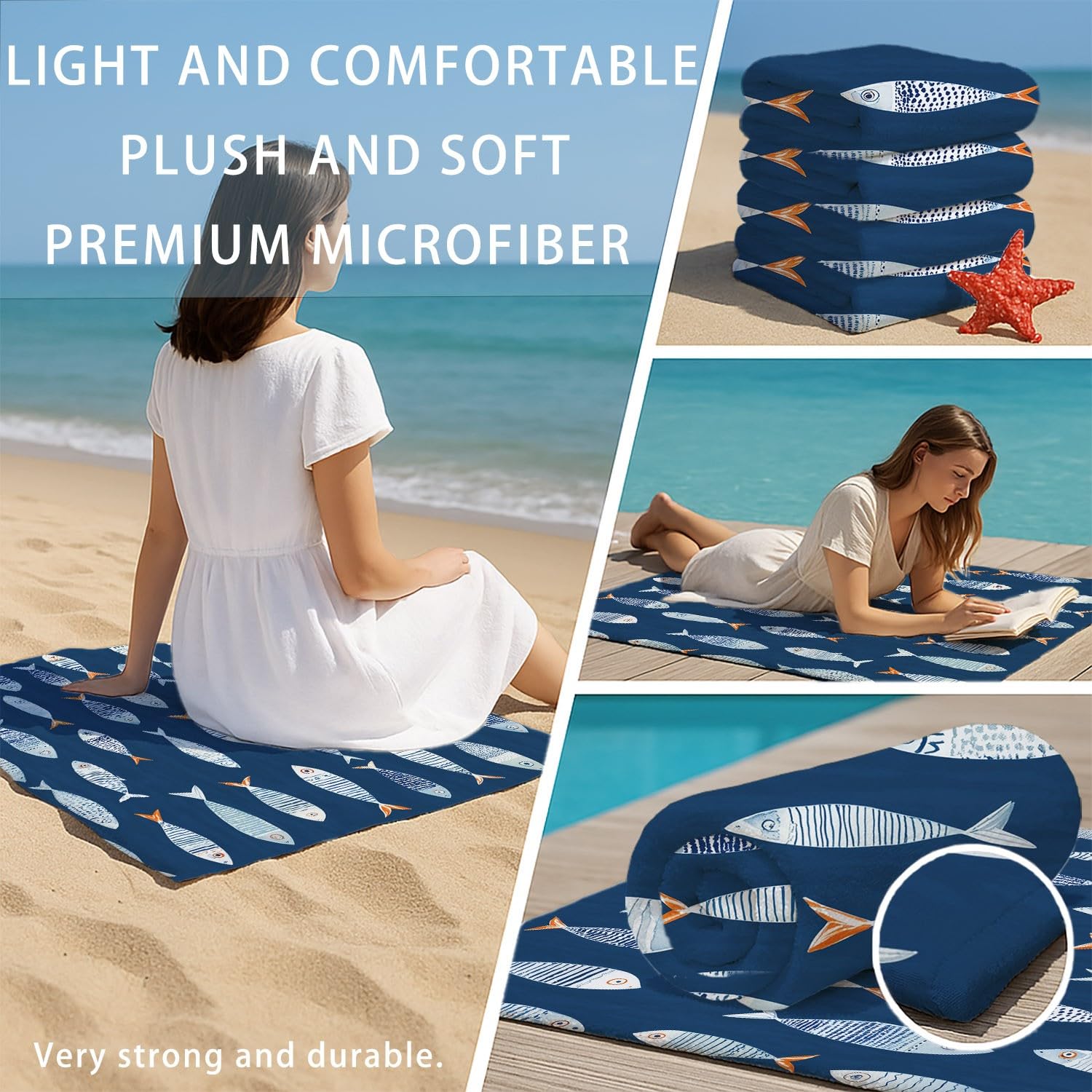 Générique Drap de Plage Anti Sable Sechage Rapide 180 cm x 160 cm Moderne Calme Serviette de Plage Microfibre Simple Frais Maritime Thème Animaux Poisson Absorbante Super Couverture de Plage