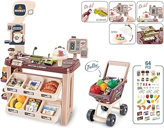 Supermarket Playset for Kids – 64-Piece Pretend Grocery Store with Shopping Cart, Cash Register, Scanner & Play Food – Ages 3-5