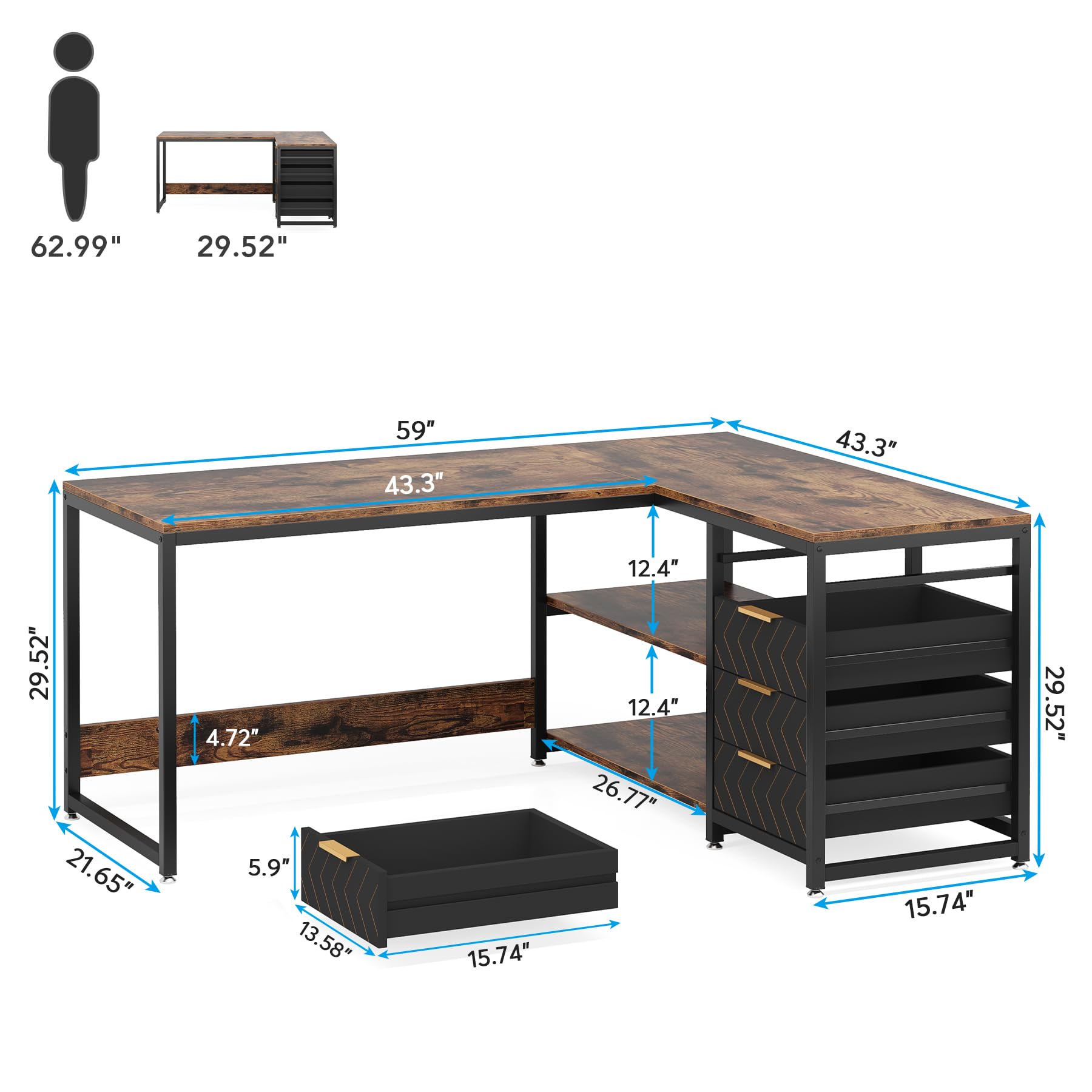 Tribesigns Biurko z 4 szufladami, biurko komputerowe w kształcie litery L z 2 półkami, dwustronne biurko narożne do biura, gabinetu, salonu, 150 x 110 x 75 cm (brązowe)