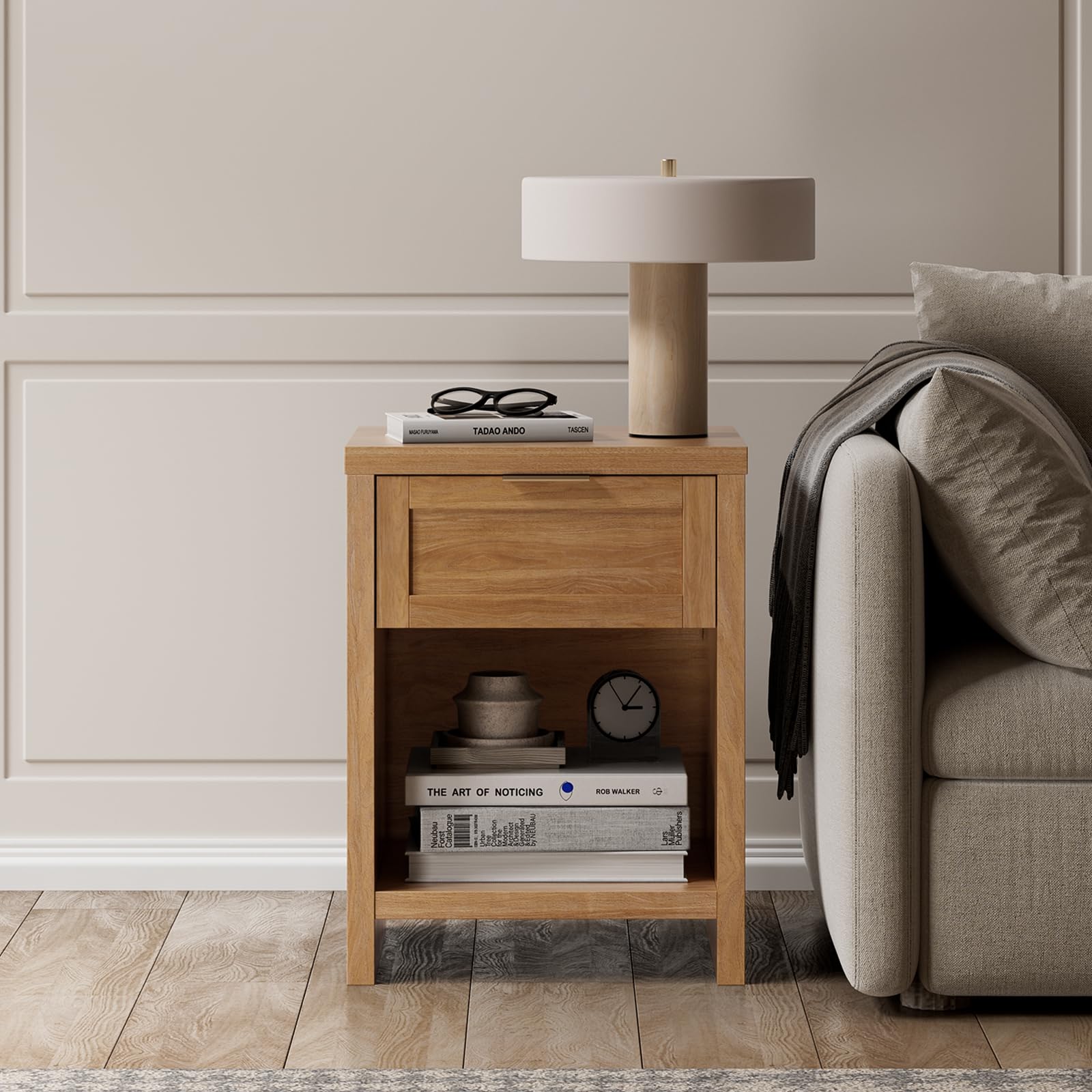 Walsham Natural Nightstands, Boho Bed Side Table for Living Room, Minimalist Night Stand with Drawer and Storage Shelf - Farmhouse End Tables for Bedroom (Weathered Oak, 1 Set)