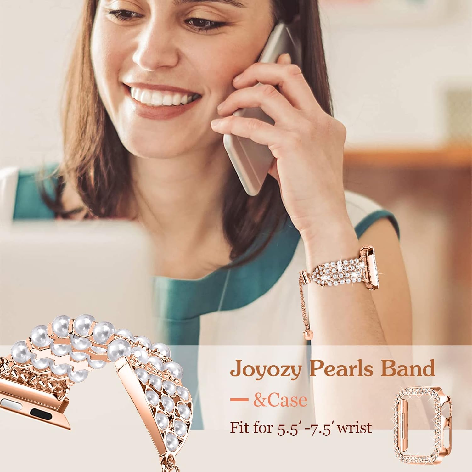 Joyozy Bling Pearl Bracelet 45mm and case Compatible For Apple Watch series 9 8 7 band, Women Sparkle Diamond Case with Rhinestone Cute Strap Iwatch bands 45mm Jewelry Bling Dressy Metal Jewelry Fancy(Rose Gold, 45MM)