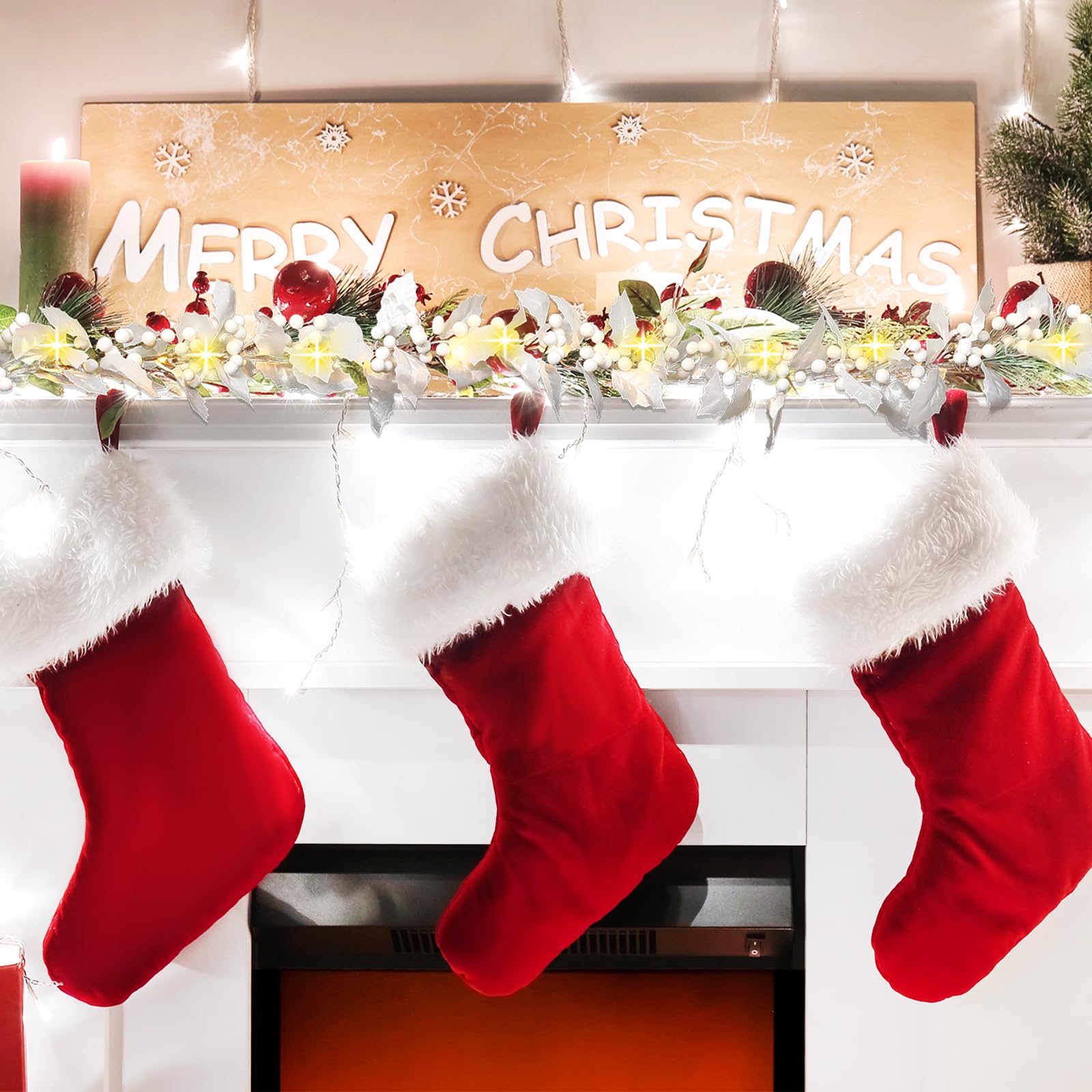 Syhood Guirnalda de bayas de Navidad de 6 pies, guirnalda de hojas de acebo iluminadas de Navidad, guirnalda artificial para interiores, decoración de otoño y Navidad, guirnalda de luces para chimenea