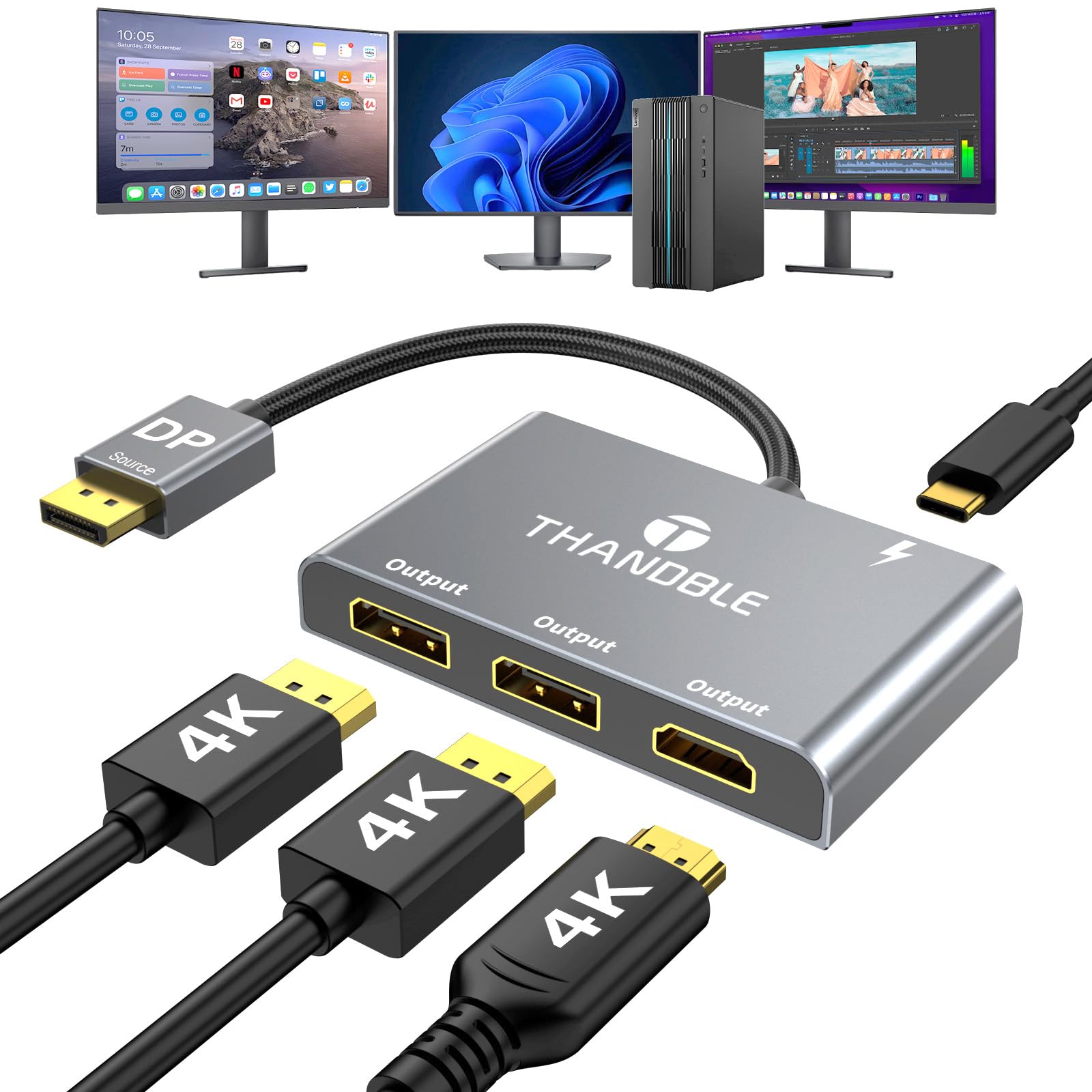 DisplayPort to Dual DisplayPort with HDMI Adapter 4K@60Hz, Extended Display 1 in 3 Out MST Hub for Multiple Monitors Compatible with PC,NVIDIA/AMD Graphics Card