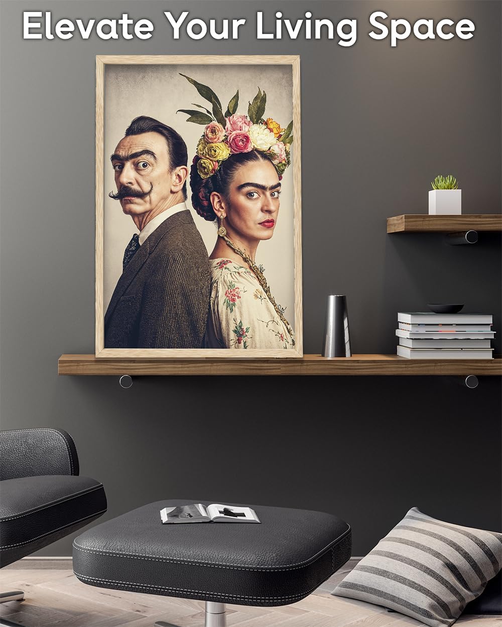 Lone Star Art Frida and Salvador – Frida Inspired Artist Portrait, Surreal Cultural Illustration, Feminine Expression, Vintage Style Wall Decor – 24x36 Framed Poster, Ready to Hang