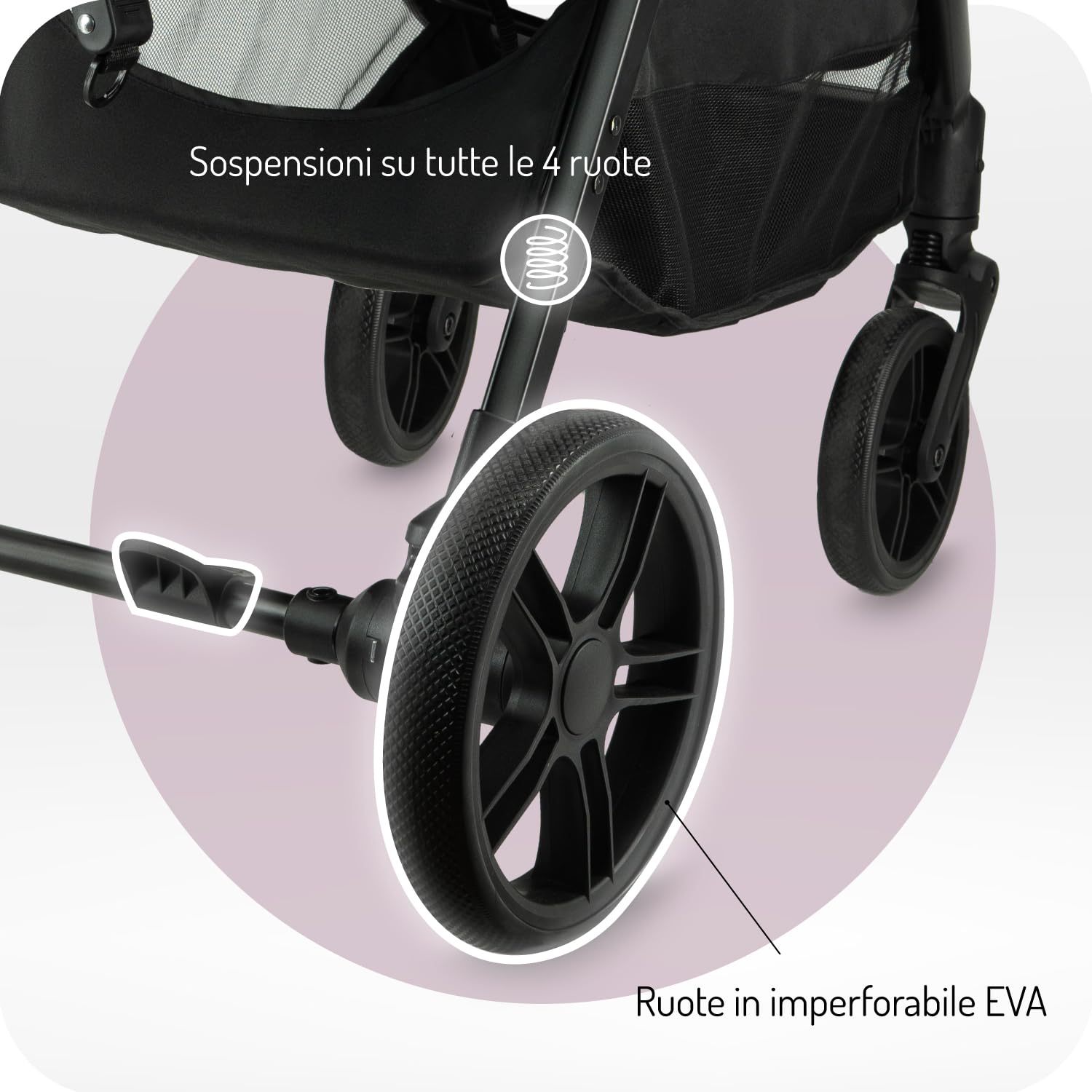 Il passeggino MoMi CLARA a partire da 6 mesi, fino a 22 kg di peso corporeo, cinture di sicurezza a 5 punti, coprigambe, portabicchieri, cestino per la spesa, borsa, zanzariera, telo parapioggia