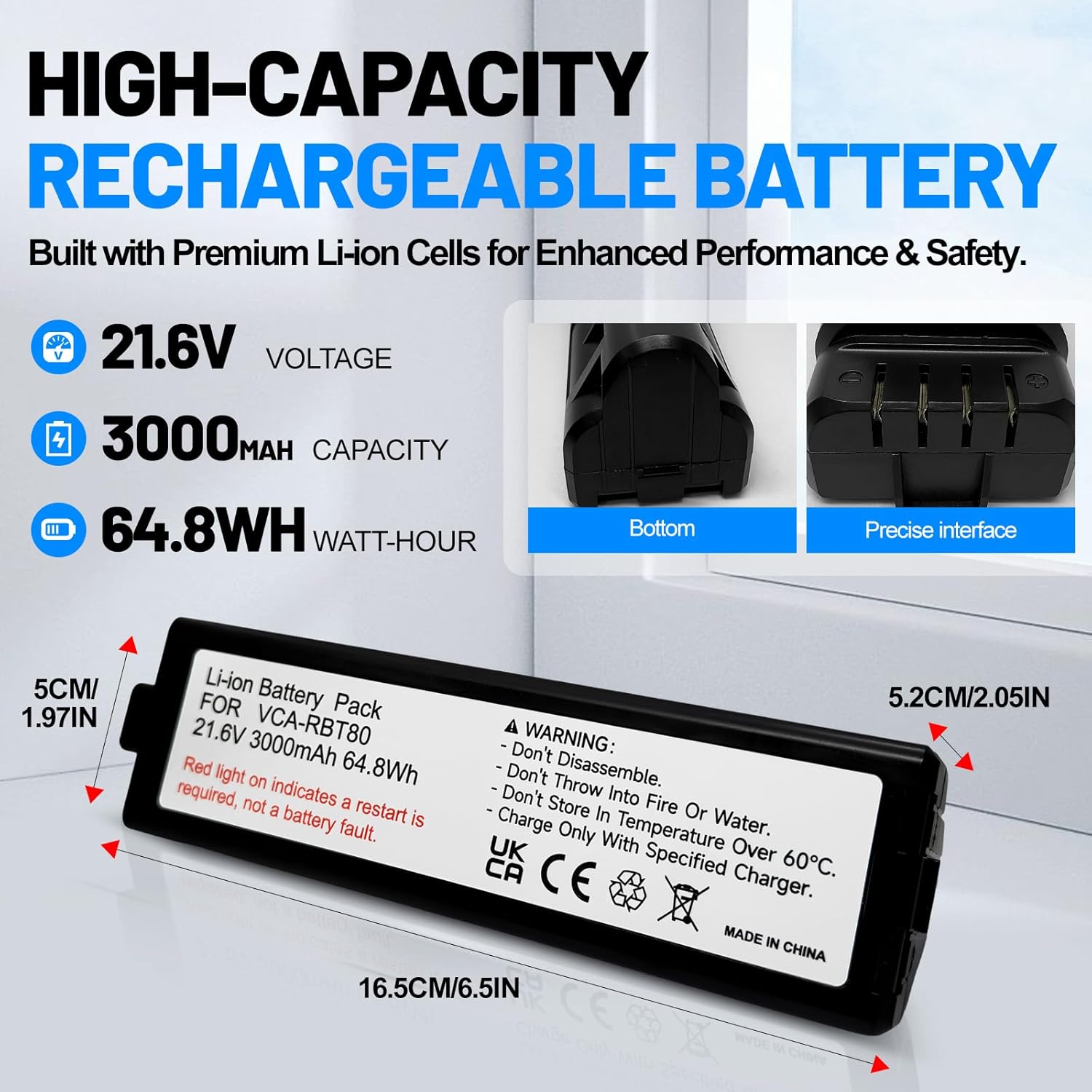 21.6V 3000mAh Replacement Battery for Samsung Jet Bot Robot Vacuum Cleaner VR30T80313W, VR30T80313W/WA, VR30T85513W, VR30T85513W/WA, VR8500 – Replacement for Battery Model: VCA-RBT80