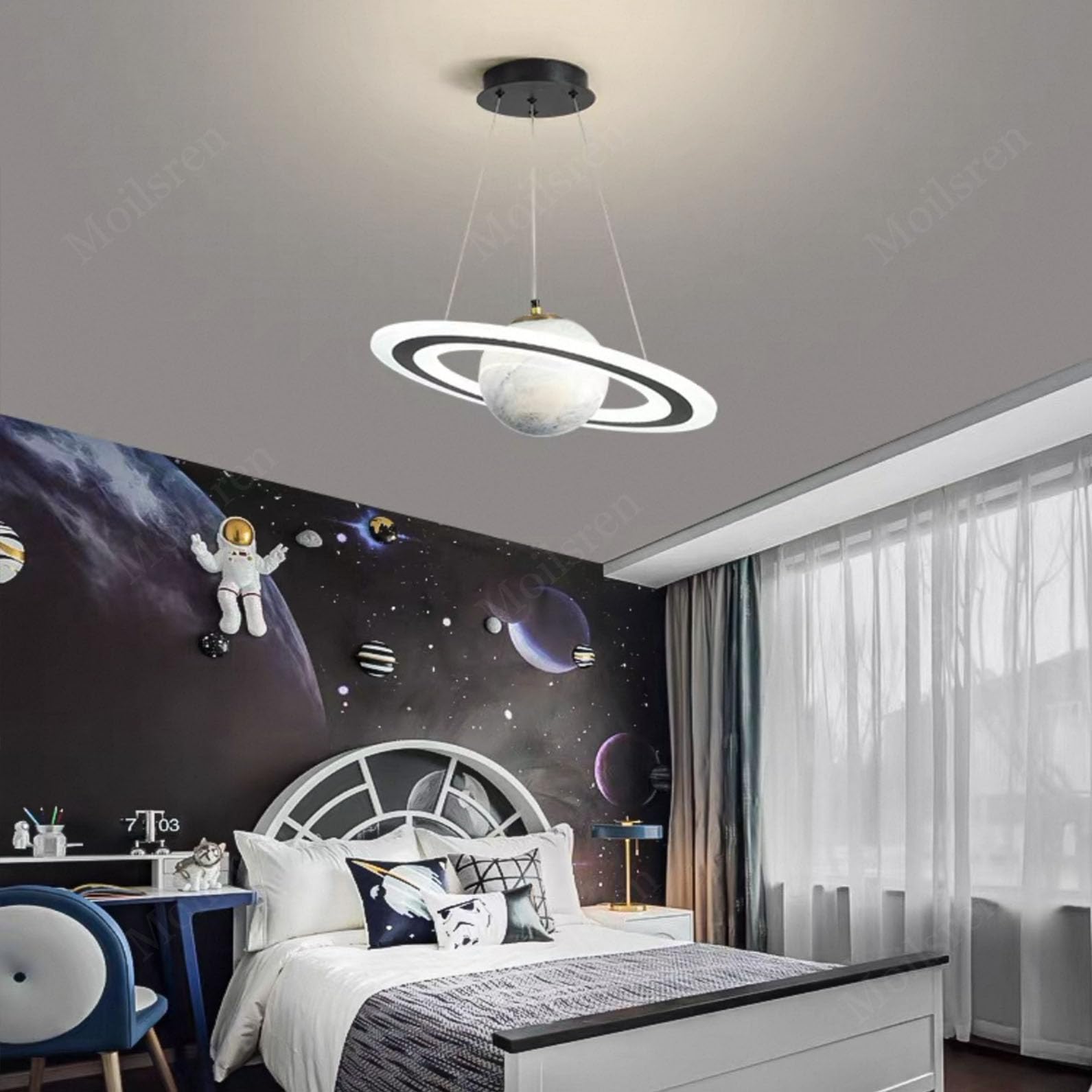 LED Hängelampe Kinderzimmer Planet Pendelleuchten, Kinderzimmer Lampe Decke Junge Mädchen, Glas Lampenschirm Saturn Schlafzimmerlampe Rund LED Hängeleuchten Dimmbar für Jungen Mädchen (Blau)