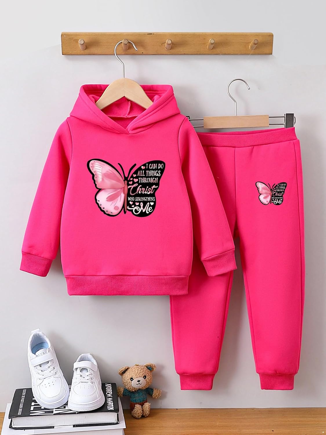 Kaerm Children Kids Girls 2 Pcs Clothes Long Sleeve Butterfly Hoodie Sweatshirts with Jogger Pants Casual Tracksuit