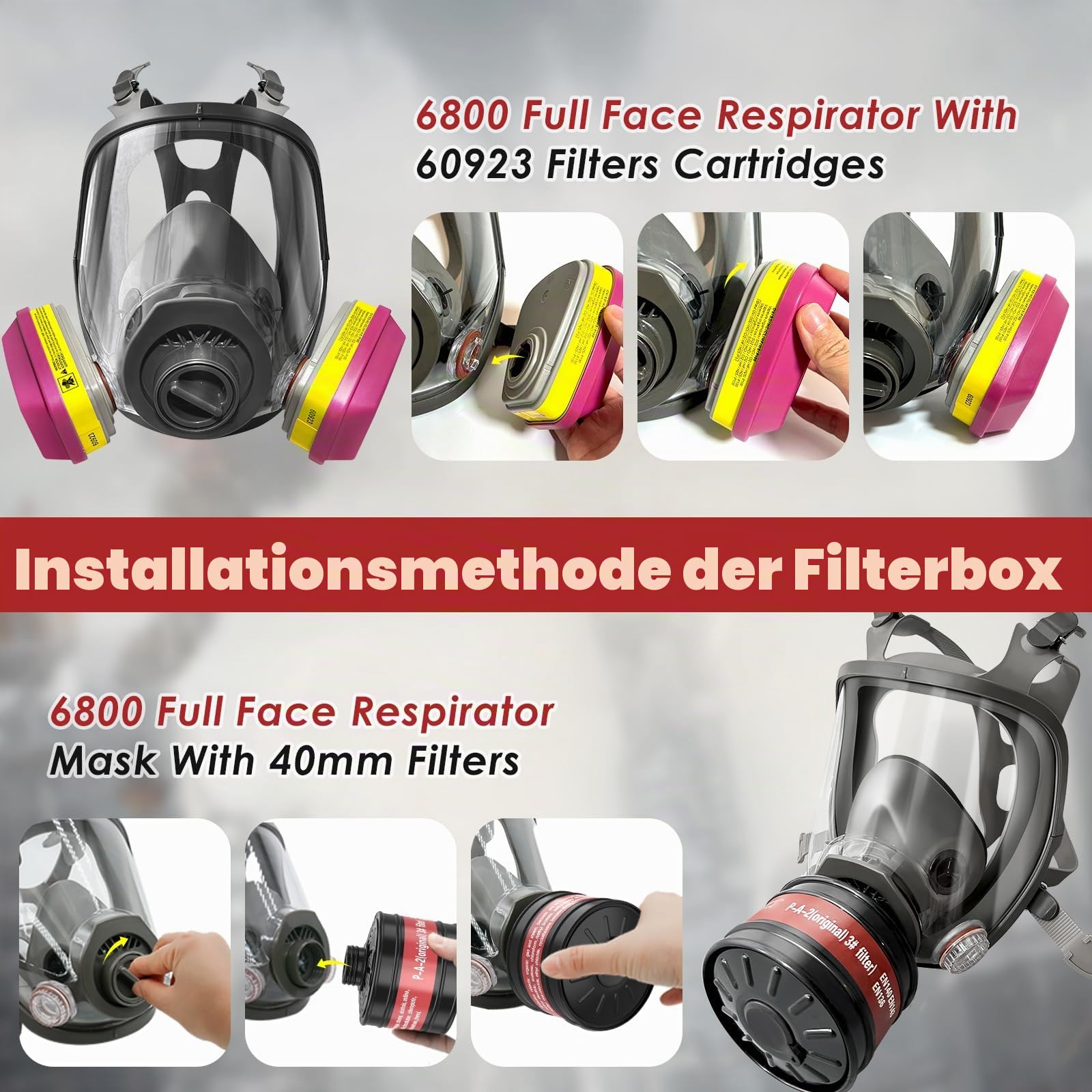 Atemschutzmaske mit 60923 Filtern, Gasmasken Survival Nuklear und Chemie, Vollgesichtsfarbe Atemschutzmaske