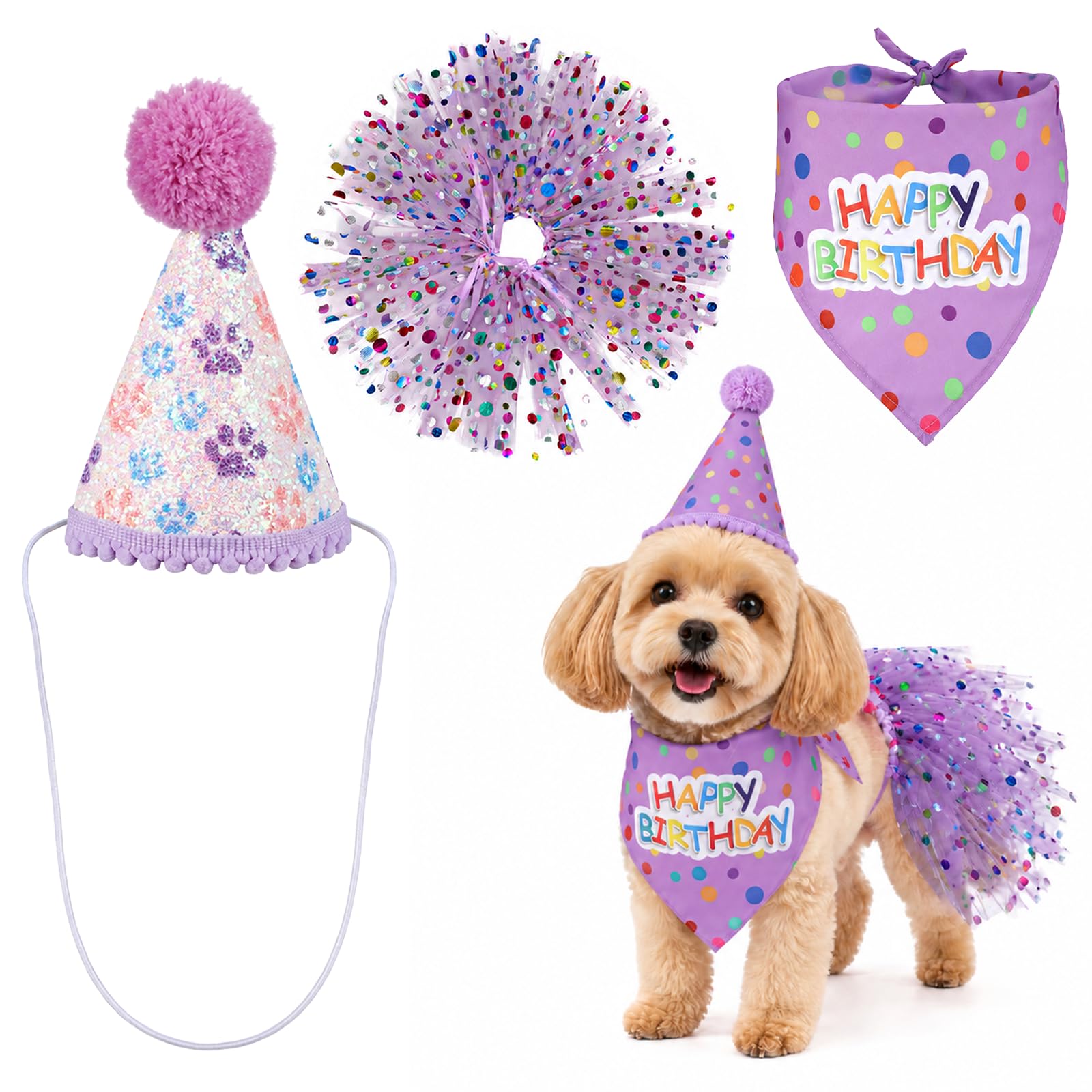 PEOVLVN Dog Birthday Bandana with Hat and Dress Dog Birthday Outfit Girl