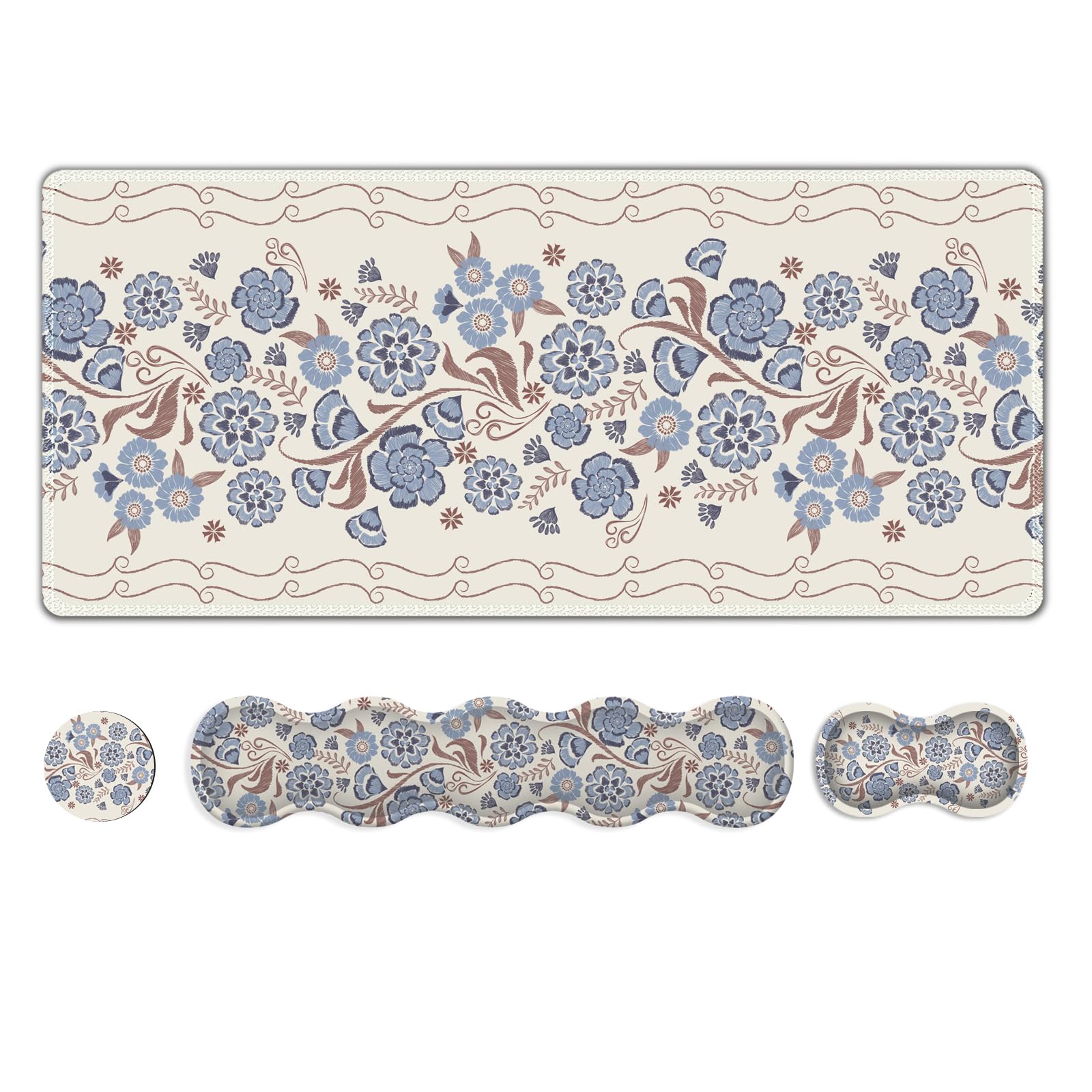NXZGO Desk Mat Gaming Mouse Pad, Cute Desk Matt Keyboard Wrist Rest for Desktop, Anti-Slip Big Mousepad Stitched Edges, XXL Large Mouse Pad with Wrist Support for Home Office I Vintage Blue Flower