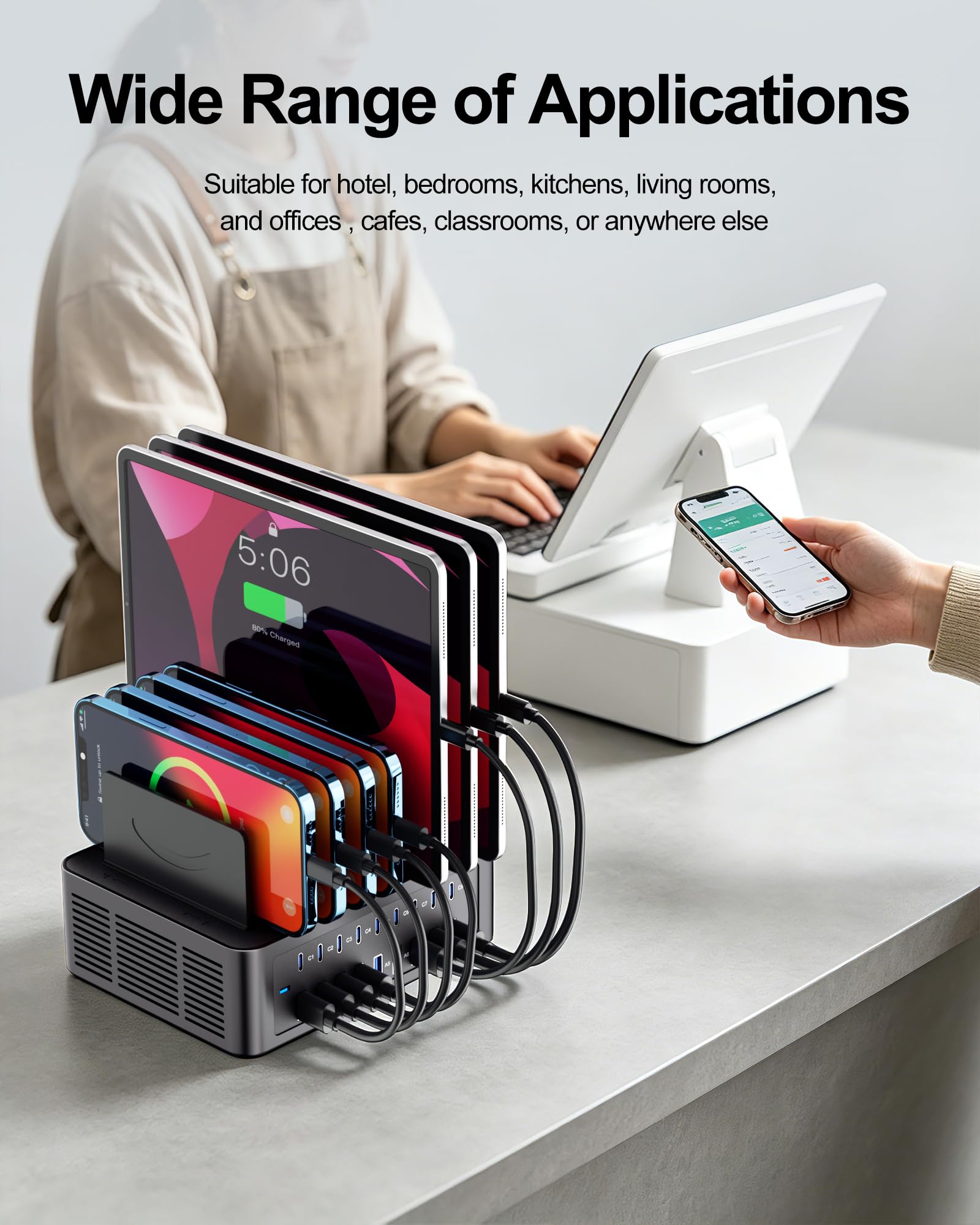 Estación de carga de 200 W/40 A para múltiples dispositivos, cargador rápido USB C de 18 puertos | Con separadores ajustables, base de carga organizadora múltiple para smartphone, iPad, Kindle, tableta y más