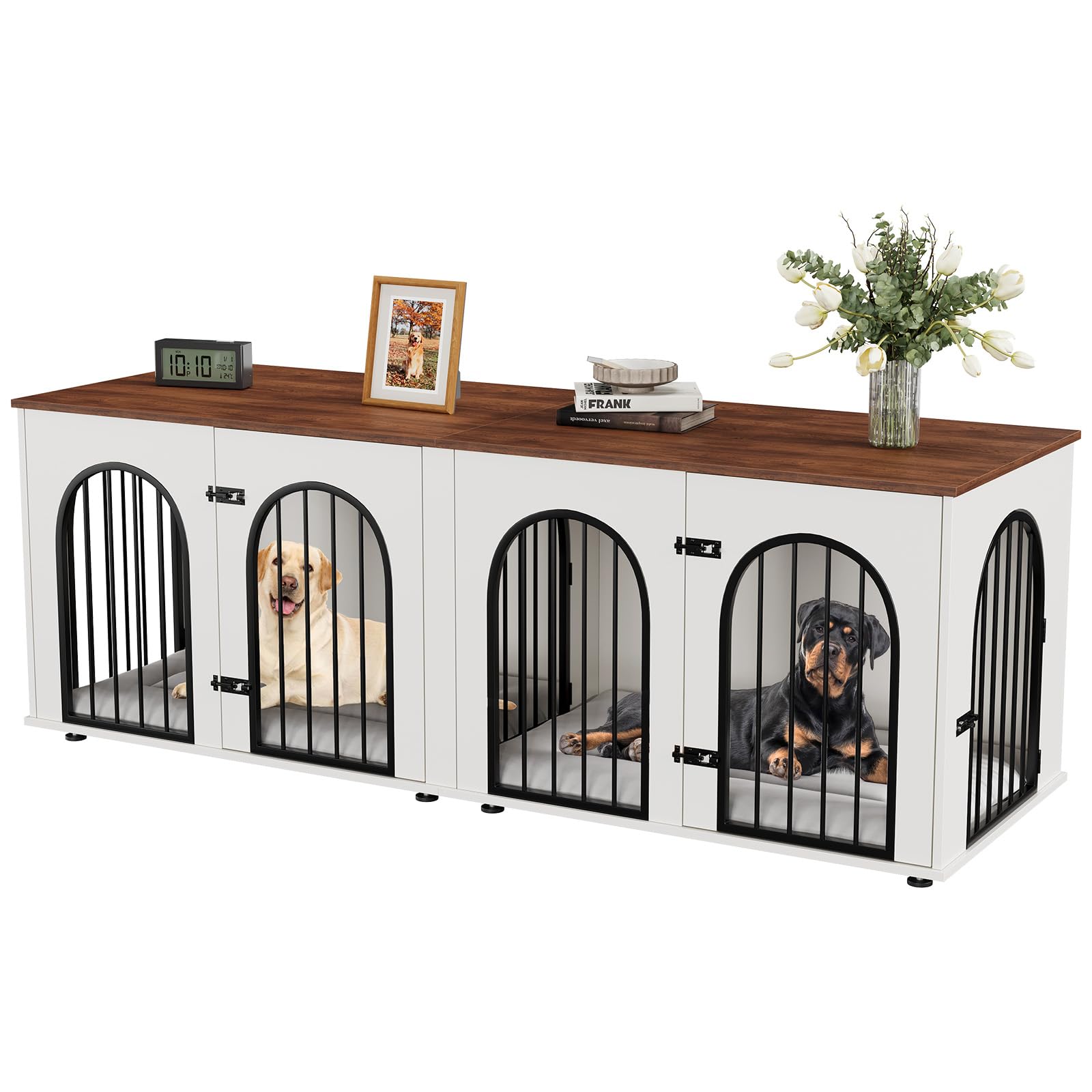 Photo 1 of **2 boxes**GarveeLife 71" Large Dog Crate Furniture for 2 Dogs, Wooden Double Dog Crate, Indoor Dog Kennel TV Stand with Divider and Cushion for Large Medium Dogs, White/Brown