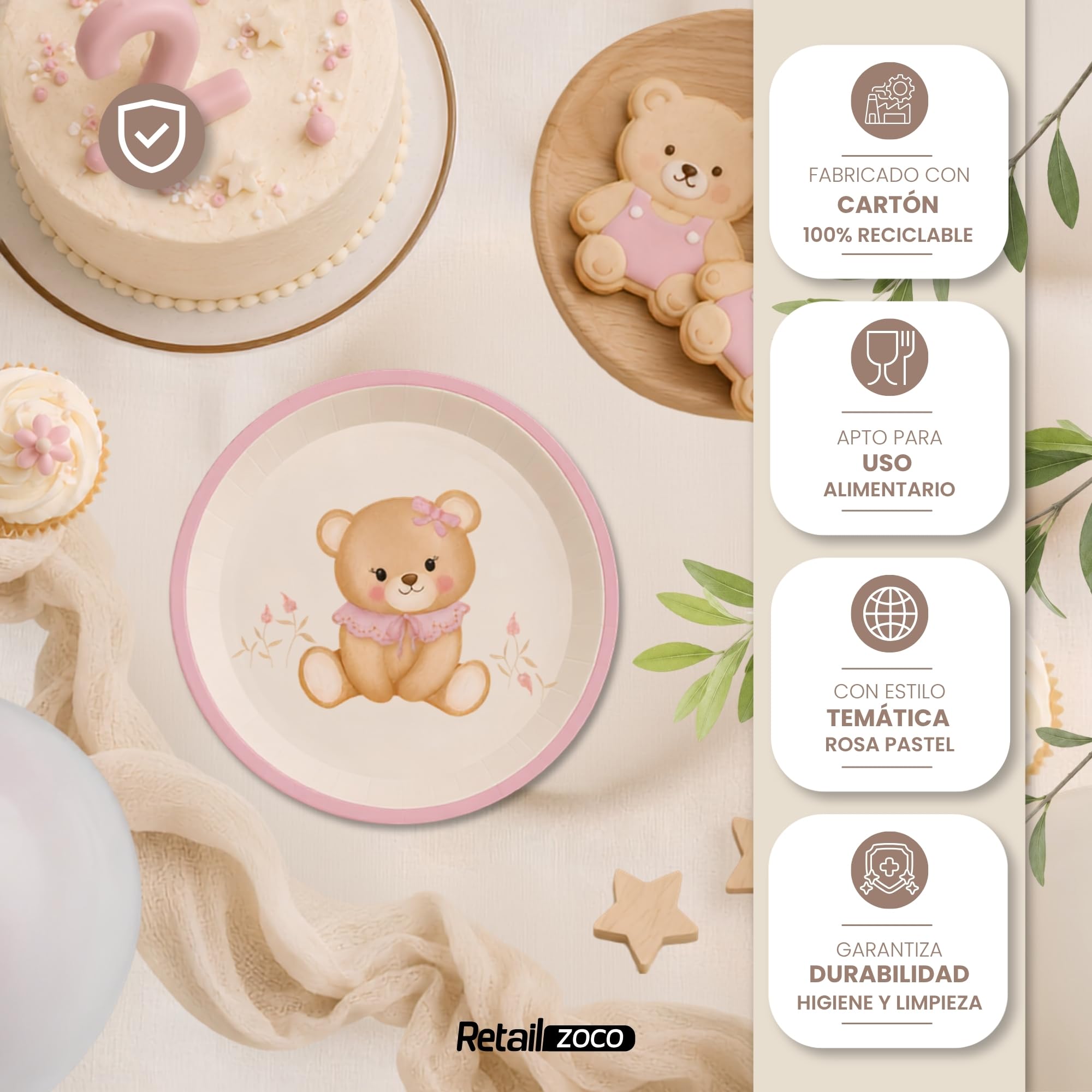 Platos de cartón, Platos Desechables cartón, Diseño Oso Rosa, 12 Unidades - imagen 5