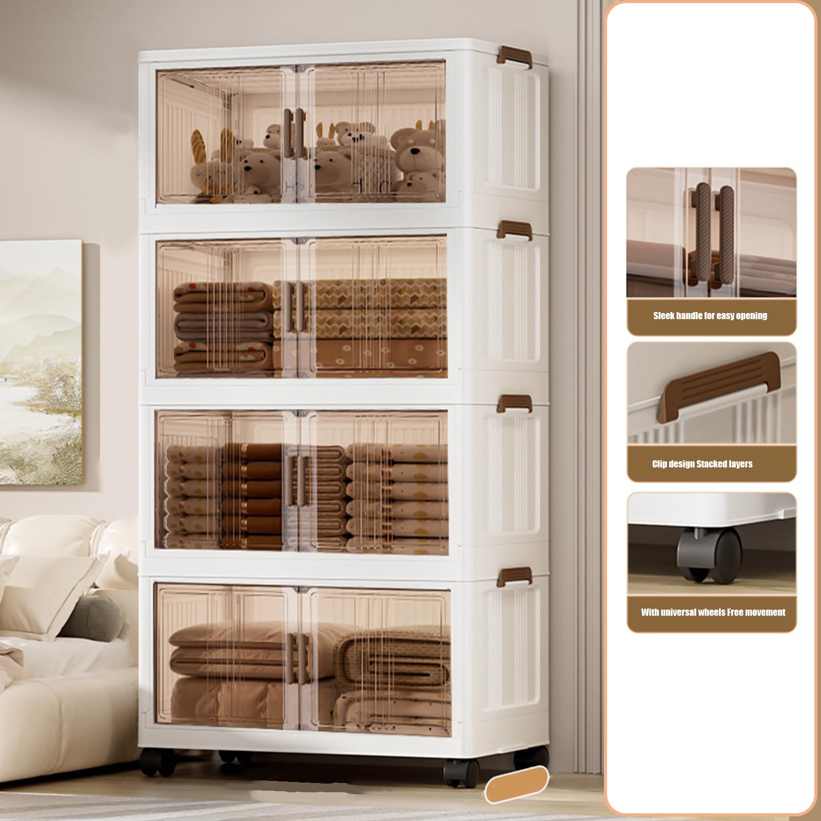Contenitori pieghevoli a 4 livelli con coperchio e ruote, scatole in plastica trasparente con maniglia laterale per il trasporto, armadi versatili per camera da letto e cucina, porte di facile accesso