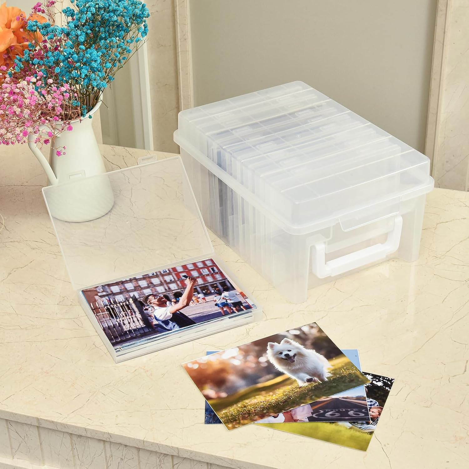 VITEVER Caja de almacenamiento de fotos con asa, 14 x 19 cm, caja de fotos, organizador de fotos, 10 soportes interiores para fotos, cajas de fotos, organizadores de plástico para semillas, tarjetas,