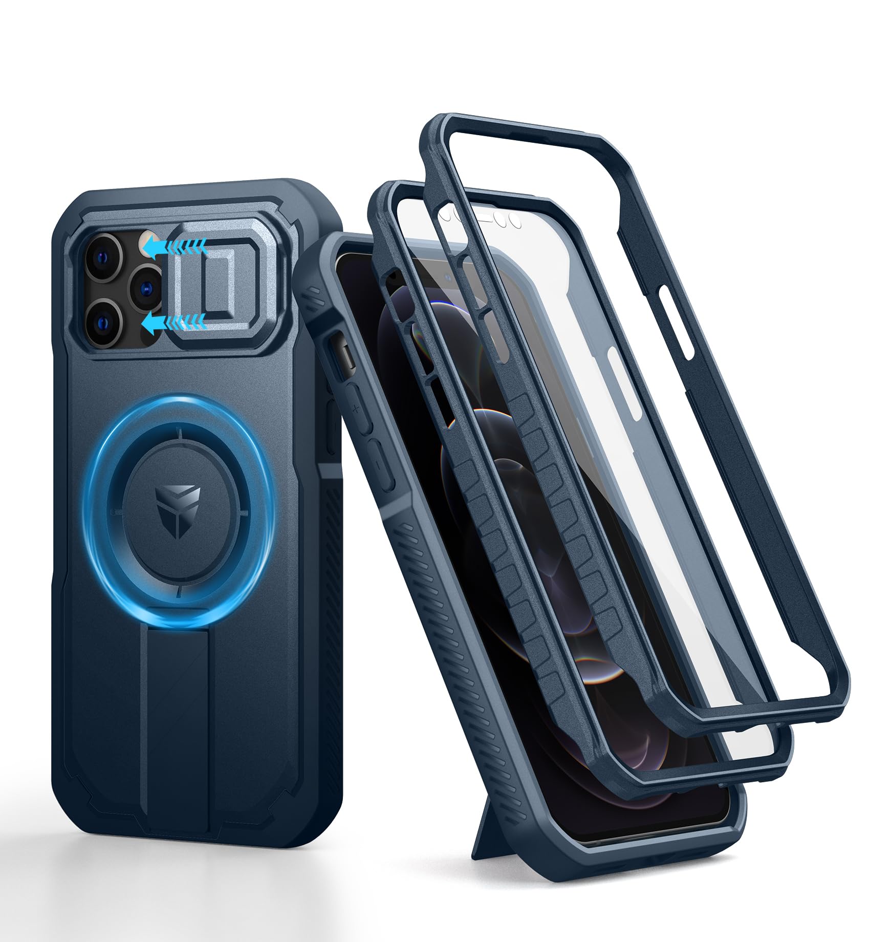 Dexnor Magnetic Case for iPhone 12 & 12 Pro - Shockproof Heavy Duty Case with Sliding Camera Cover & Adjustable Kickstand & Built-in Screen Protector (Blue)
