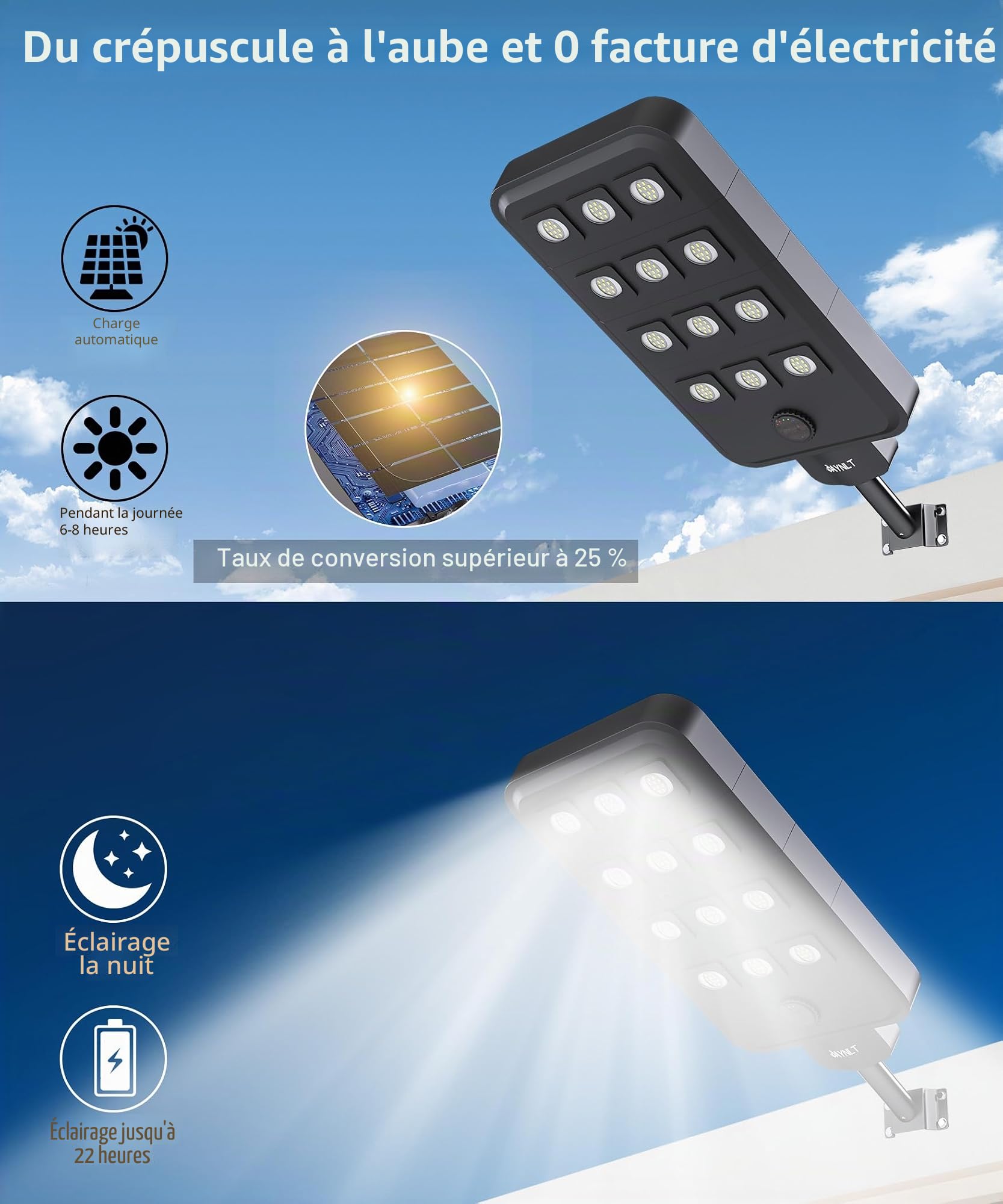 JAYNLT X-12000W Lampadaire Solaire Extérieur Puissant avec Détecteur 4 Modes