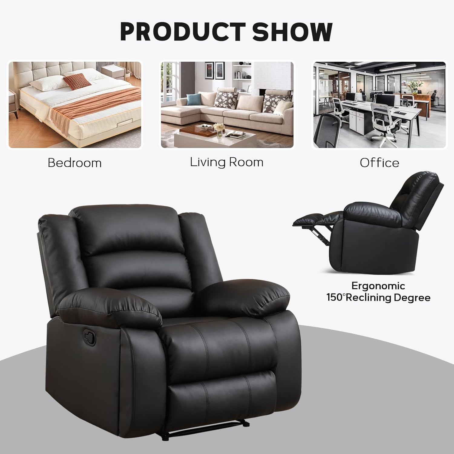 EBELLO Faux Leather Manual Recliner Chair, Single Reclining Sofa Chair Couch with 2 Concealed Cup Holders, Overstuffed Armrest Backrest for Living Room, Bedroom, Meeting Room, Black