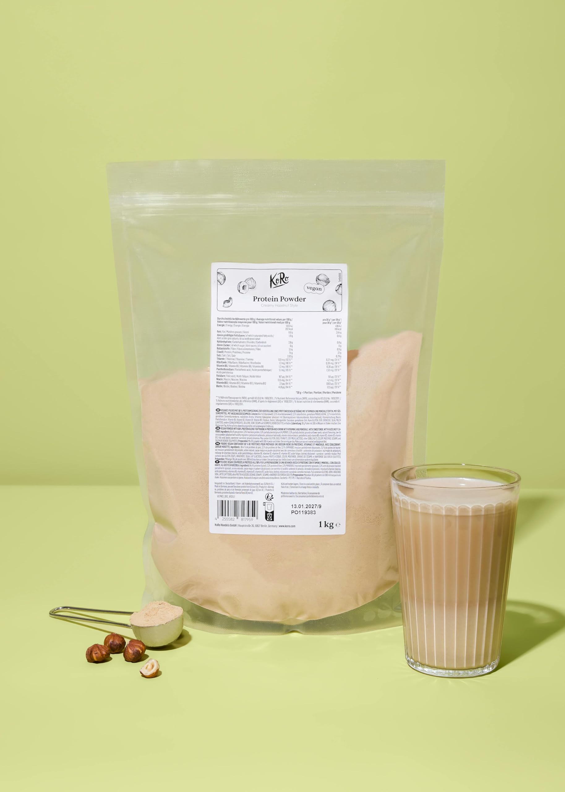 KoRo - Protéine en poudre vegan à la noisette 1 kg - 22,8 g de protéines par portion - Sans soja - Texture crémeuse et facile à mélanger