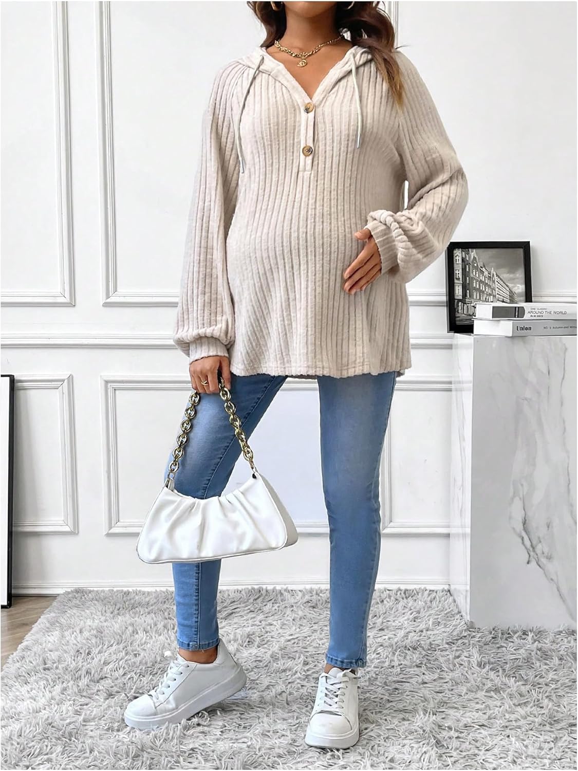 Women's Maternity Half Button Sweatshirts Long Sleeve Ribbed Knit Pregnancy Shirt Spring Clothes - Image 6