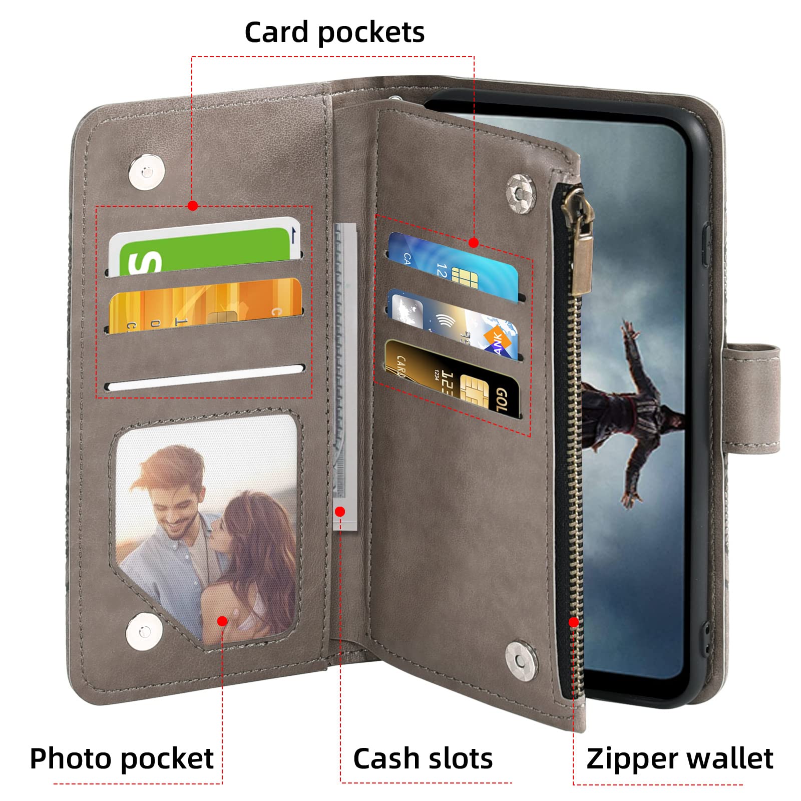 Asuwish Phone Case for Nokia X100 5G Wallet Cover with Tempered Glass Screen Protector and Flower Leather Flip Credit Card Holder Stand TPU Cell Accessories NokiaX100 X 100 100X TA-1399 Women Men Grey