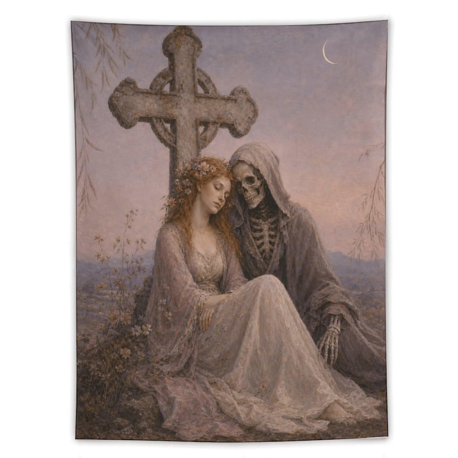 H3B8U2Y5 Bride with Death Wall Tapestry, Gothic Oil Style, Gothic Art