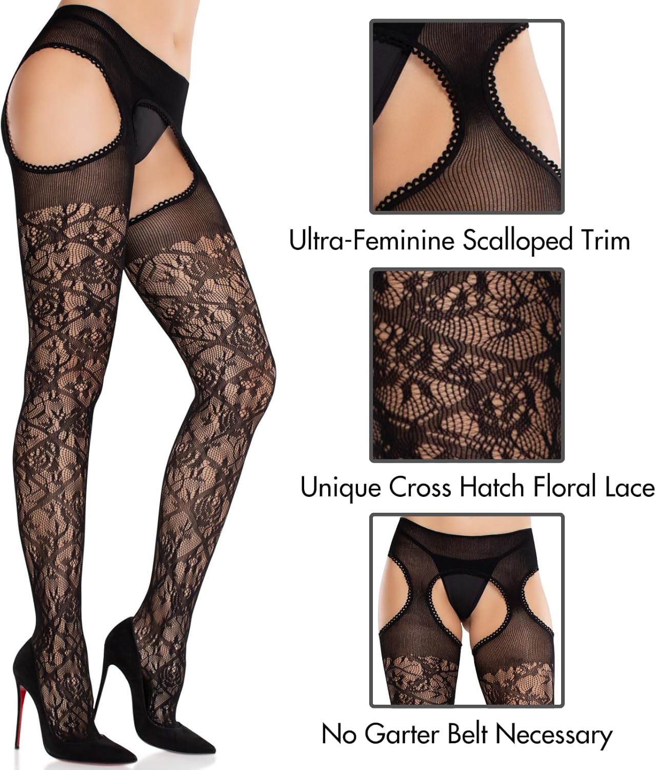 Leg Avenue Women’s Scalloped Trimmed Floral Lace Lingerie Suspender Stockings for Women Sexy, Black, One Size - Image 2