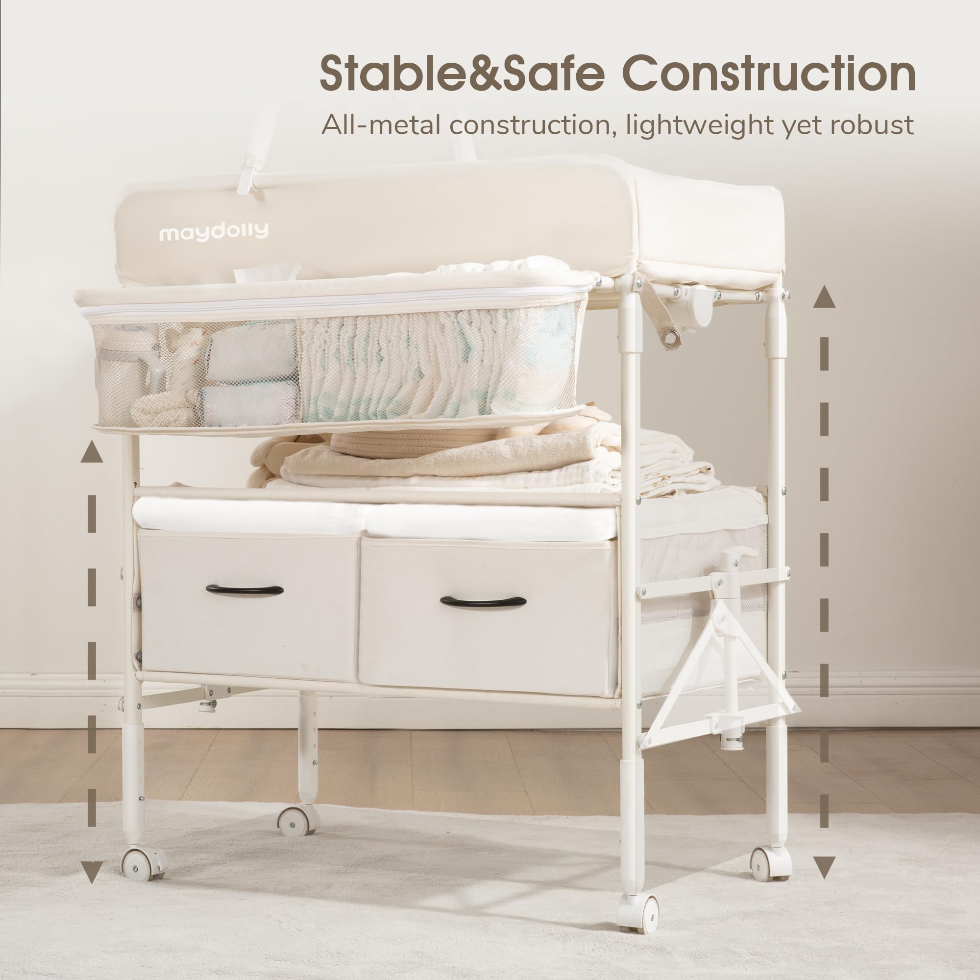 Maydolly Cambiador de Bebé Plegable y Portátil, Altura Ajustable, con Ruedas, 2 Cestas de Almacenamiento y Colchón Impermeable – Color Beige