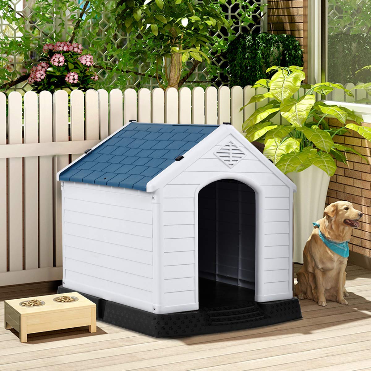 GYMAX Casa Perro, Caseta para Perros Exterior para Pequeños y Medianos, 72,5 x 66 x 70,5 cm con Suelo Elevado, Sistema de Ventilación y Estacas de Anclaje, Blanco + Azul
