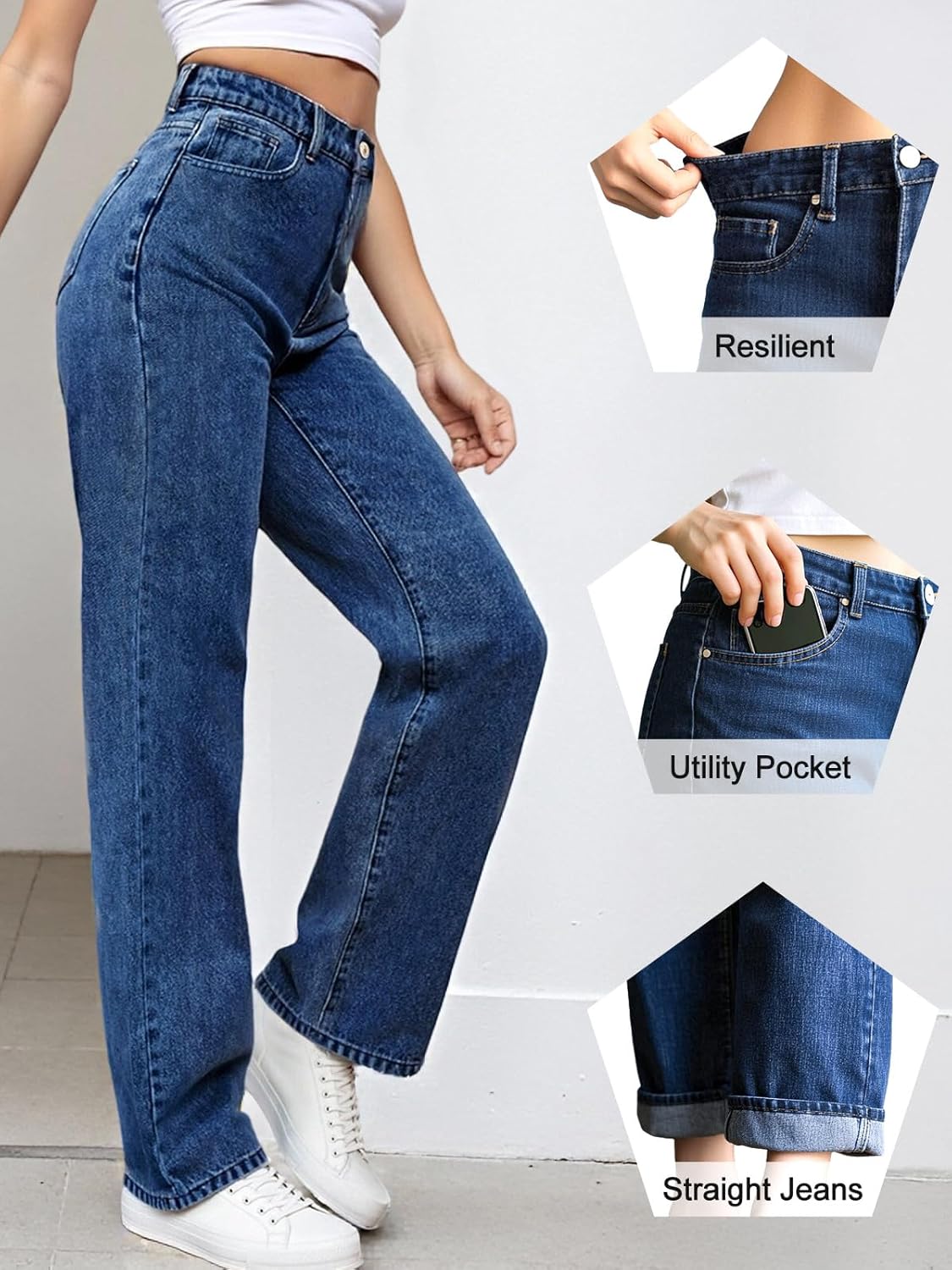 LBDLONGBIDA Women's Straight Leg Jeans Tummy Control Trendy High Waisted Stretchy Casual Denim Pants Baggy Trousers - Image 3