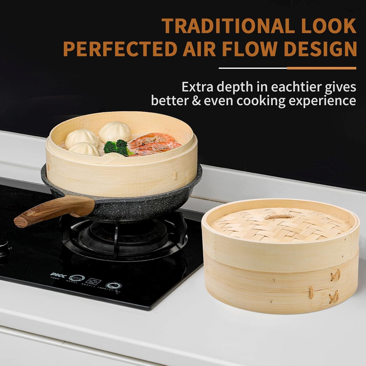 2 Livello Vaporiera in bambù, 20cm Cestello Cottura a Vapore Bambu con Coperchio e 5 Pezzi Panno Vapore per Vapore Gnocchi di Verdure a Dim Sum