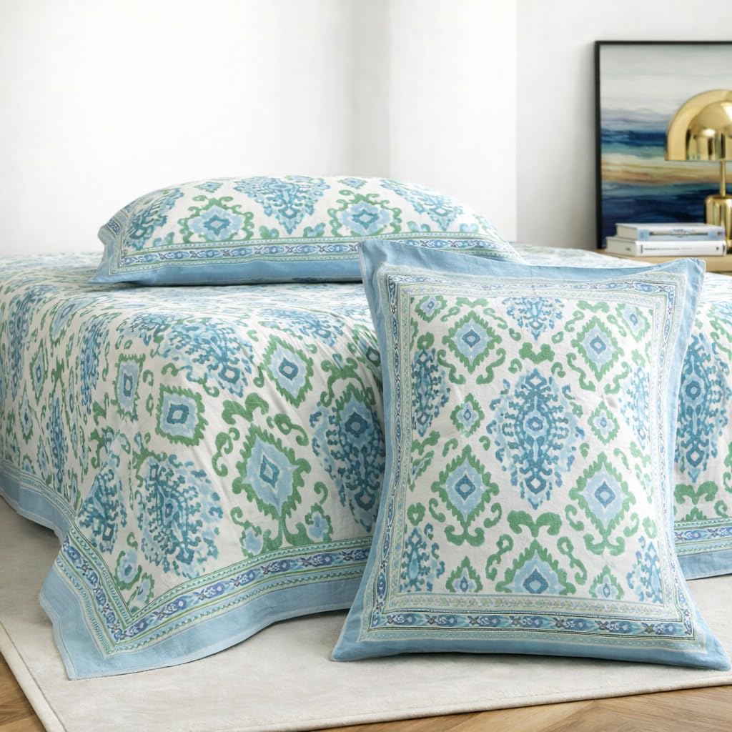 elanorhomes Cotton Double King Size Bedsheet | Hand Printed | Ultra-Soft & Skin-Safe | Breathable Summer Comfort | 90x108 inches with 2 Pillow Covers (Rajputana Ikkat)-image-4