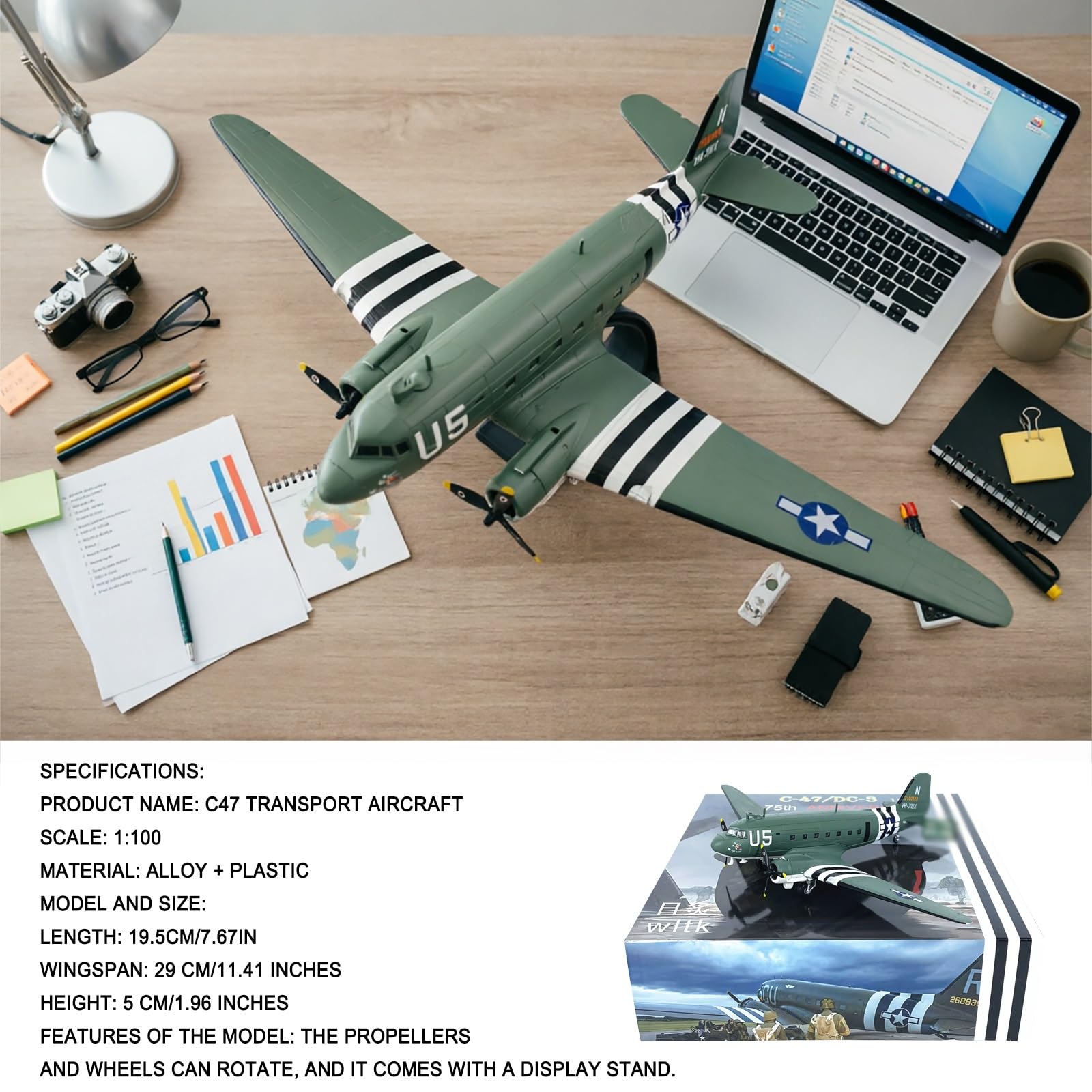 Modello aereo trasporto C-47 in scala 1:100 - Warbird militare in lega con espositore, puntelli rotanti Ruote Decorazione da scrivania for collezionisti, appassionati aviazione, ufficio