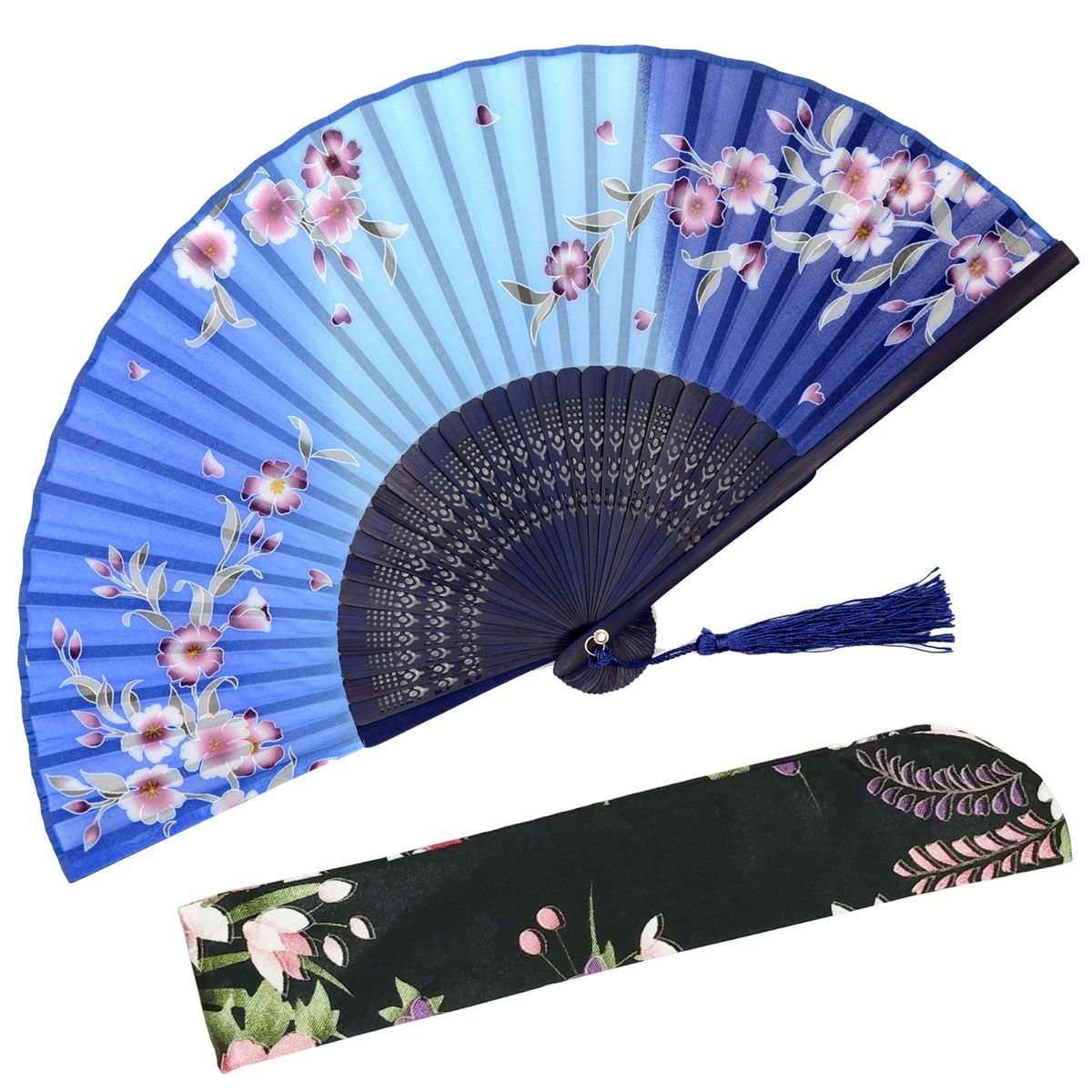 OMyTea "Lily Chinese/Japanese Women Hand Held Silk Folding Fans with Bamboo Frame - With a Fabric Sleeve for Protection (Redbud - Blue)