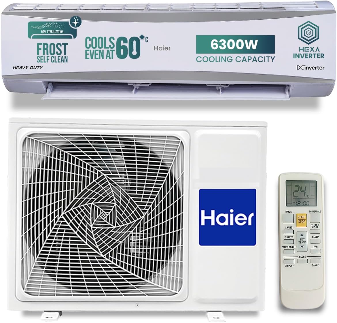 Haier 2 Ton 3 Star HEXA Inverter Split AC (6300 Watts, Copper, 7 in 1 ...