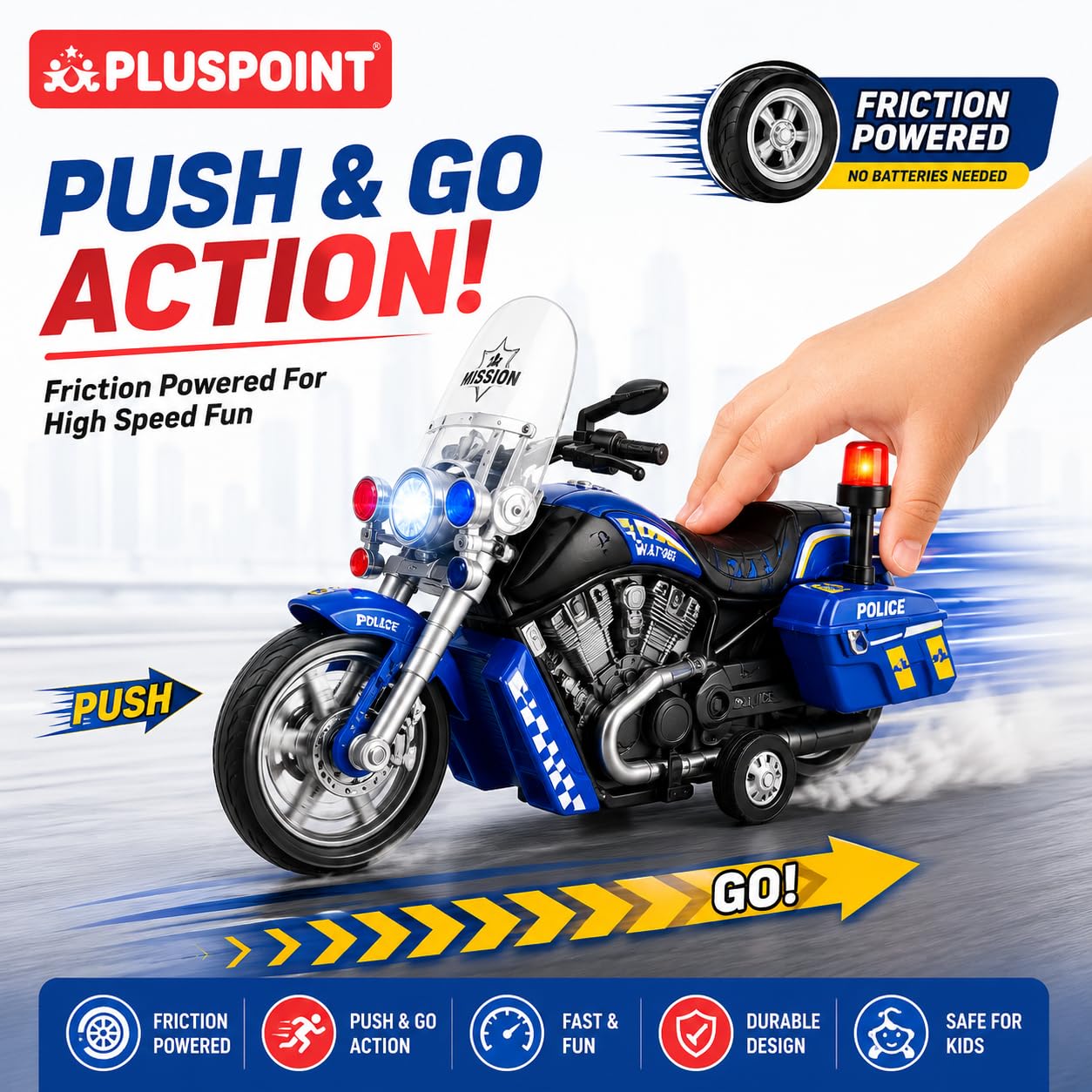 PLUSPOINT Police Rescue Bike Toy for Kids | Friction Powered Push & Go Police Motorcycle with Lights & Music | Emergency Vehicle Simulation Toy for Boys & Girls Age 3-6 Years 1