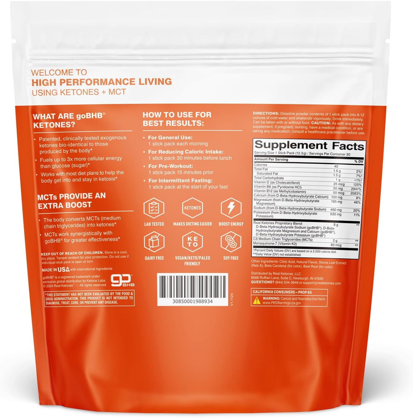 Real Ketones MCT & BHB Exogenous Ketones Drink Mix Packets Elevate Keto Electrolytes Powder Packets No Sugar with 4 Main Electrolytes Plus Hydrating Proprietary Keto BHB - 30 Pack Orange
