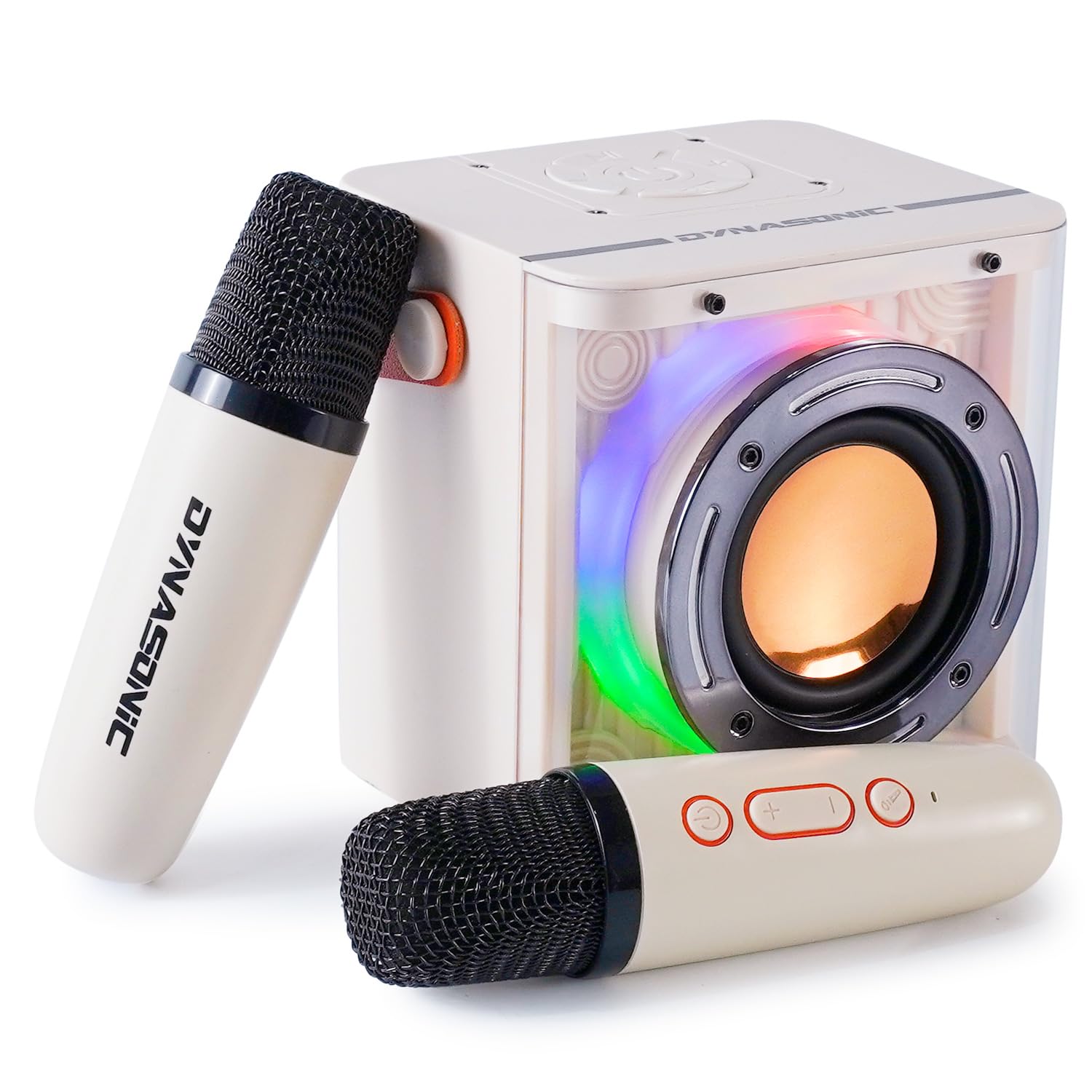 DYNASONIC B52. Karaoke con Dos microfonos. Altavoz Bluetooth Karaoke para niños. Juguete electrónico Infantil. Regalos para niños de 3 a 15 año (Blanco)